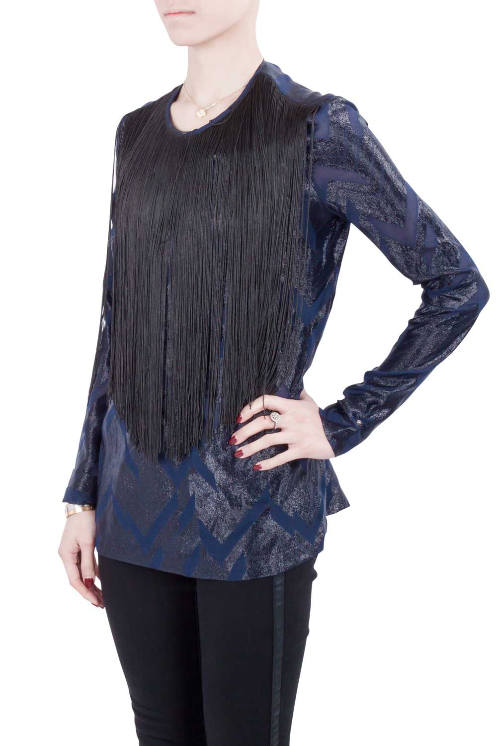 Yigal Azrouel Navy Blue Chevron Pattern Silk Fringe Detail Blouse S