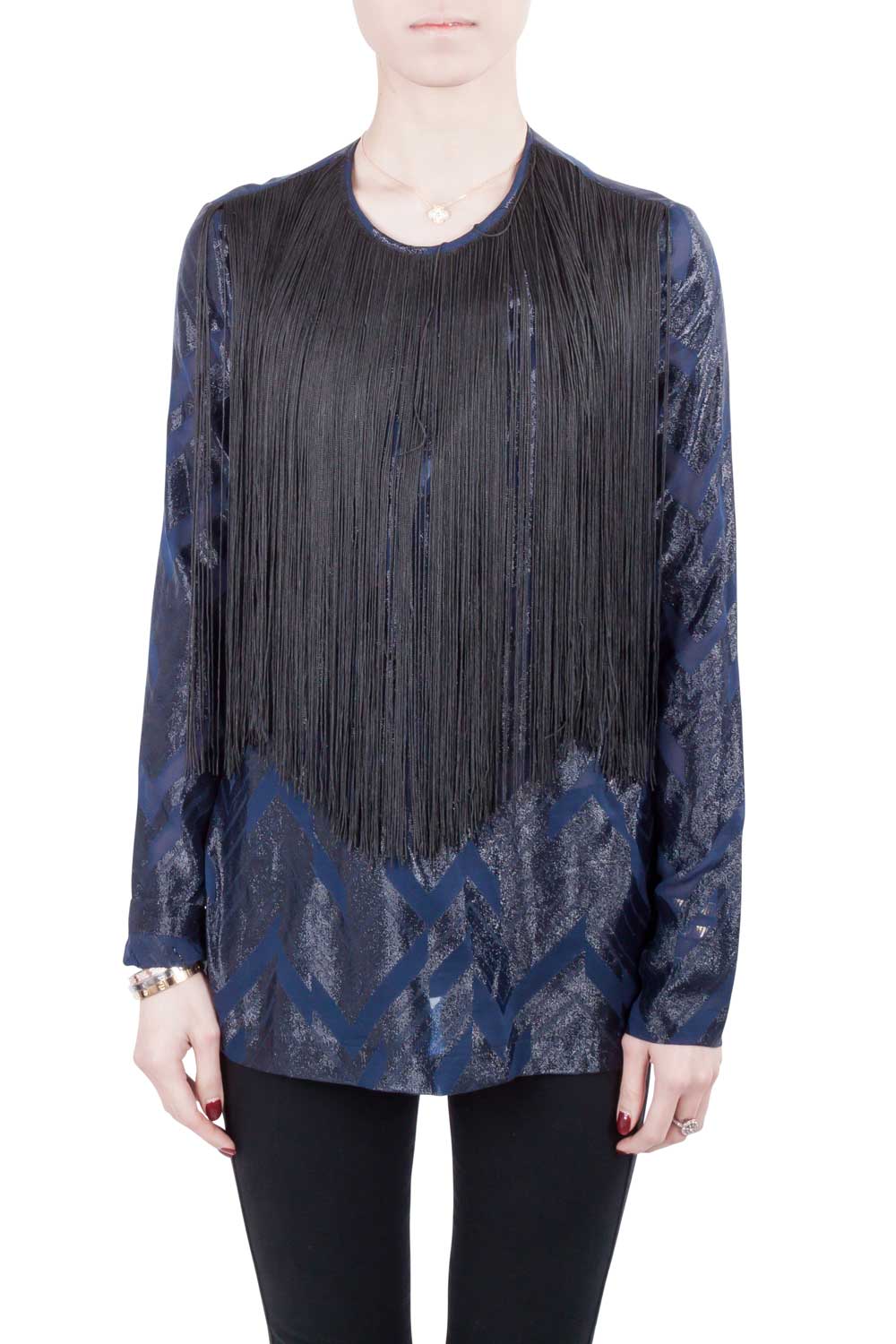 Yigal azrouel navy blue chevron pattern silk fringe detail blouse s