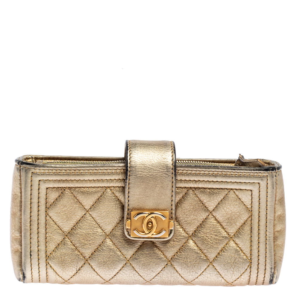 Chanel Metallic Gold Quilted Leather Boy Phone Pouch