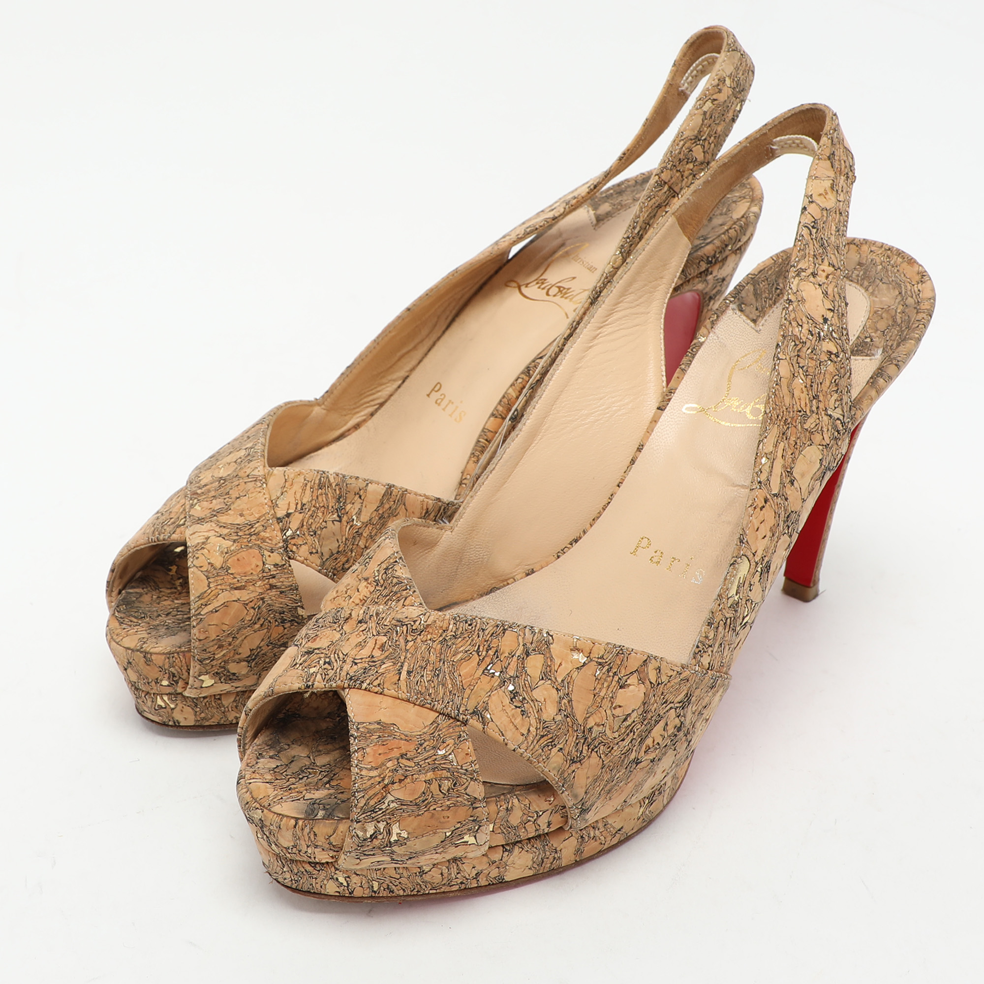 Christian Louboutin Beige Cork Soso Criss Cross Platform Slingback Sandals Size 37