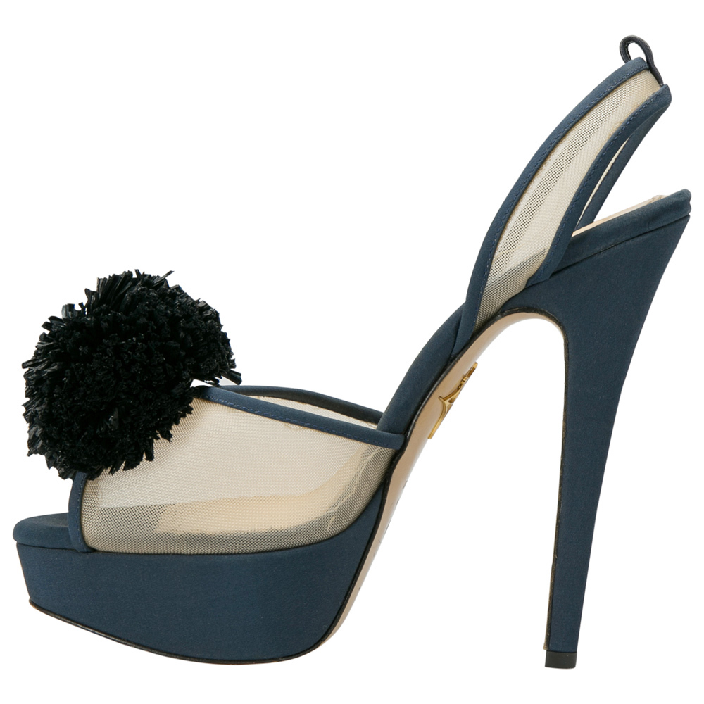 Image of Charlotte Olympia Blue Suede Trim And Mesh Pomoline Pom Pom Platform Sandals Size