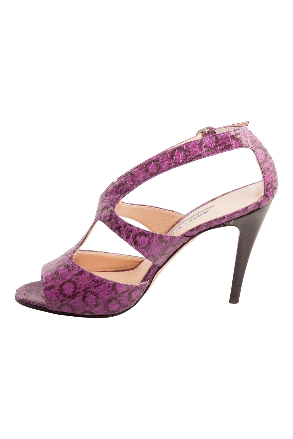 Image of Manolo Blahnik Purple And Black Snakeskin Peep Toe Ankle Strap Sandals Size .