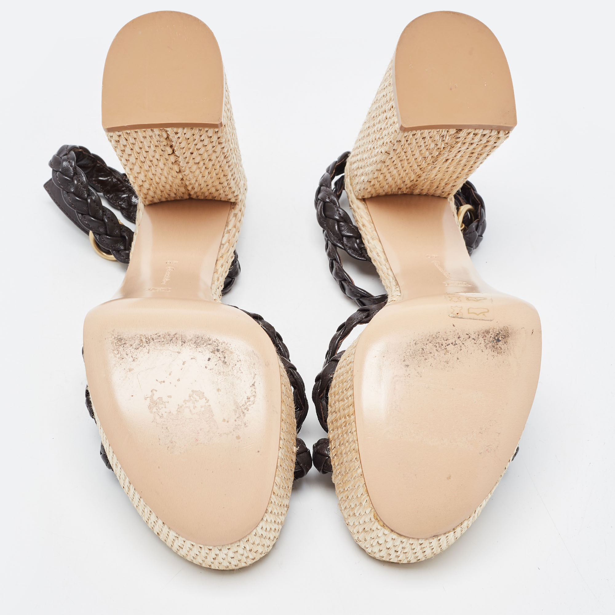 Gianvito Rossi Dark Brown Woven Leather And Raffia Ankle Strap Sandals Size 40