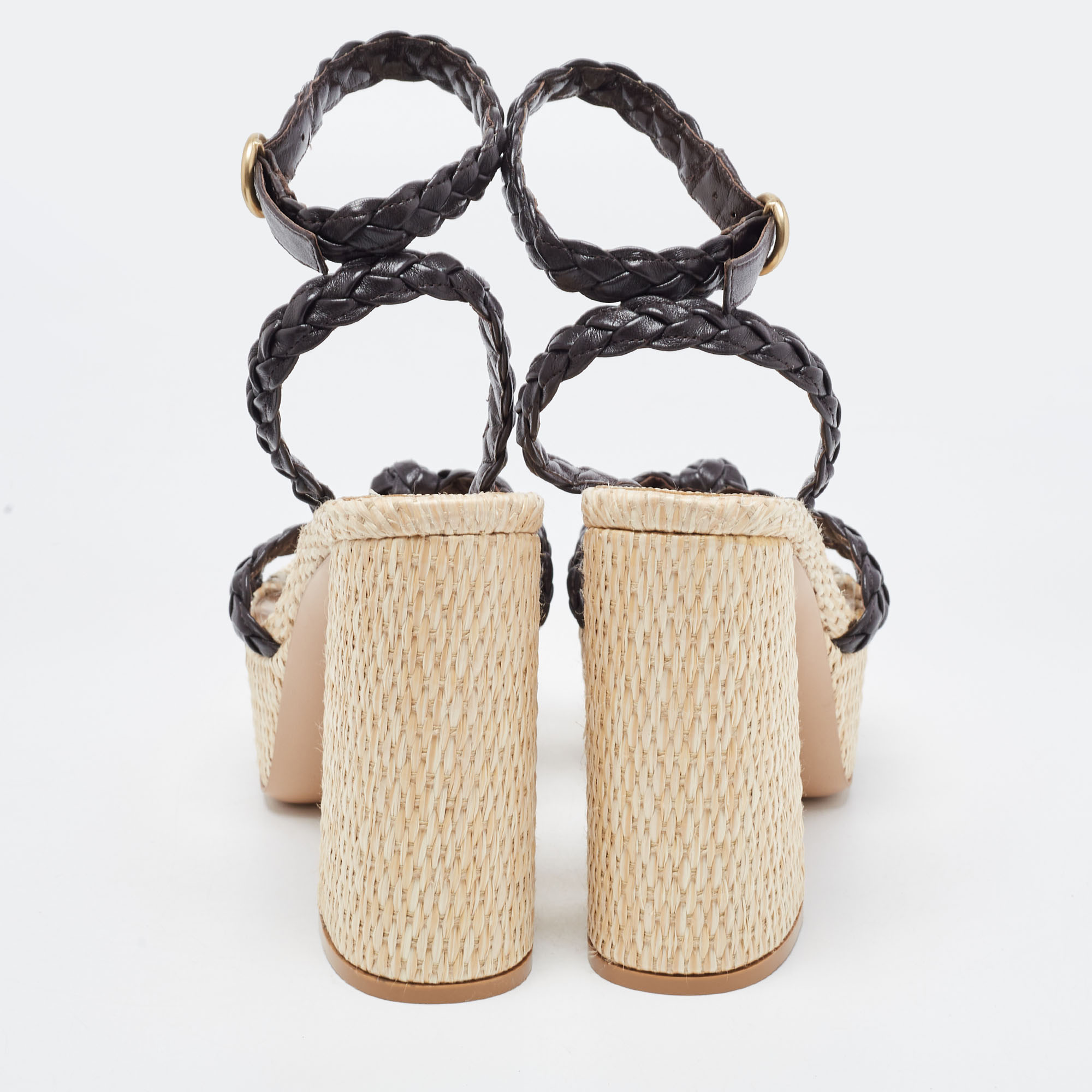Gianvito Rossi Dark Brown Woven Leather And Raffia Ankle Strap Sandals Size 40
