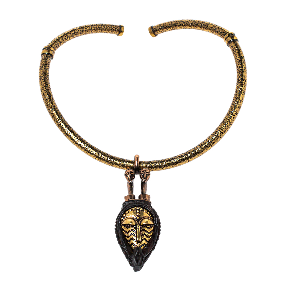 Valentino Aged Gold Tone Tribal Mask Pendant Collar Necklace