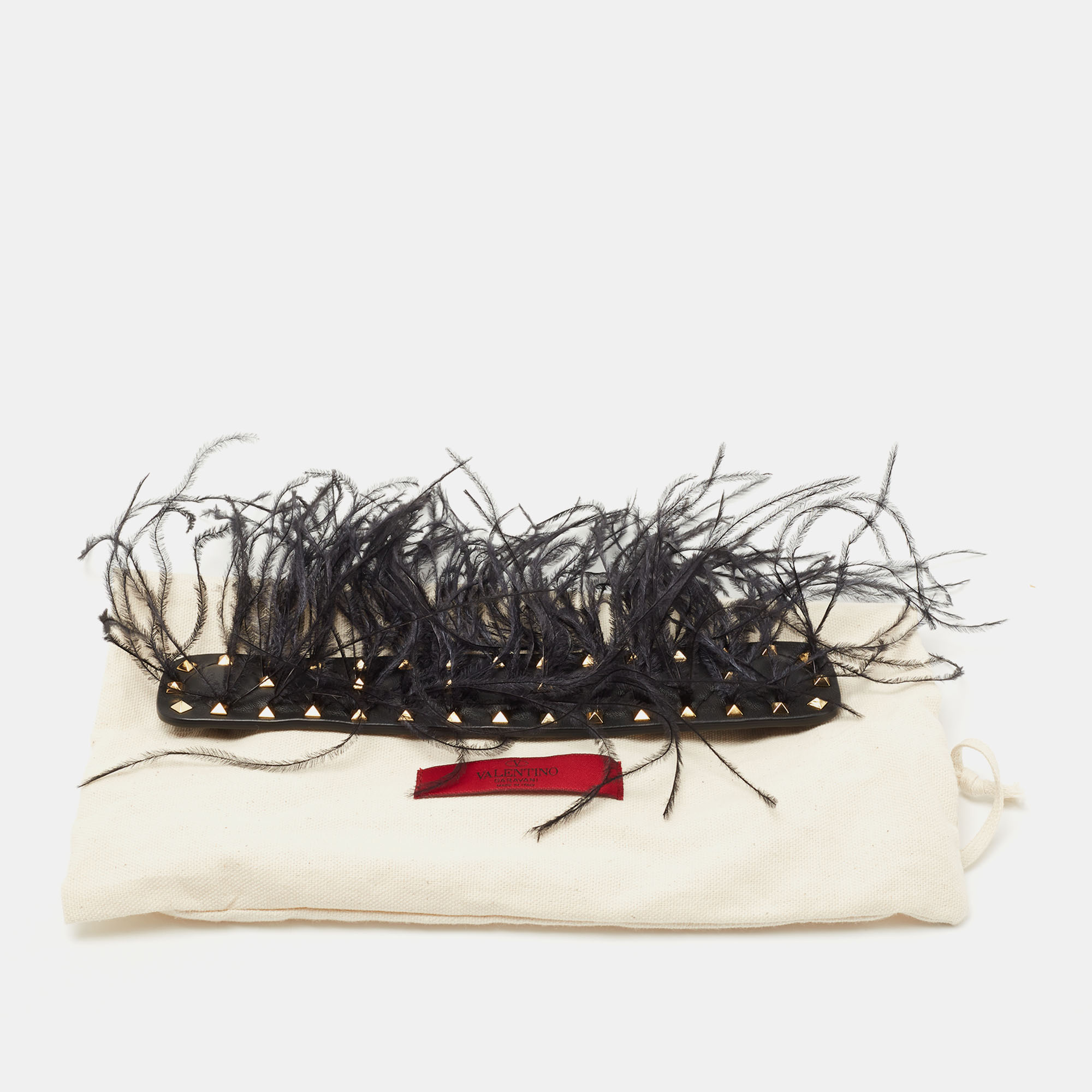 Valentino Black Leather And Ostrich Feather Rockstud Handle Strap