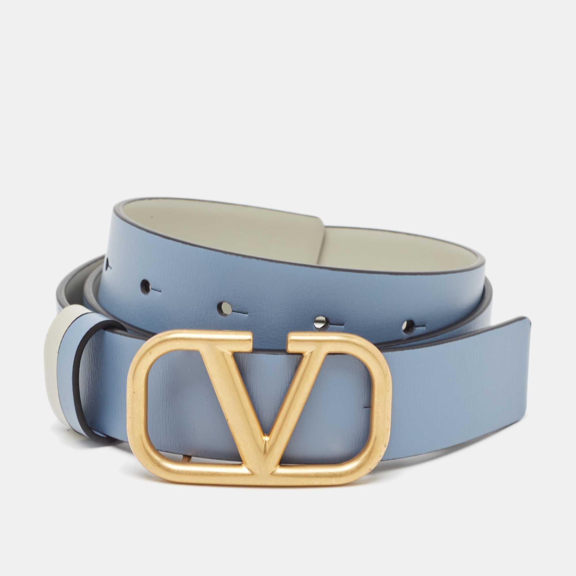 Valentino Blue/Grey Leather VLogo Reversible Belt 75CM