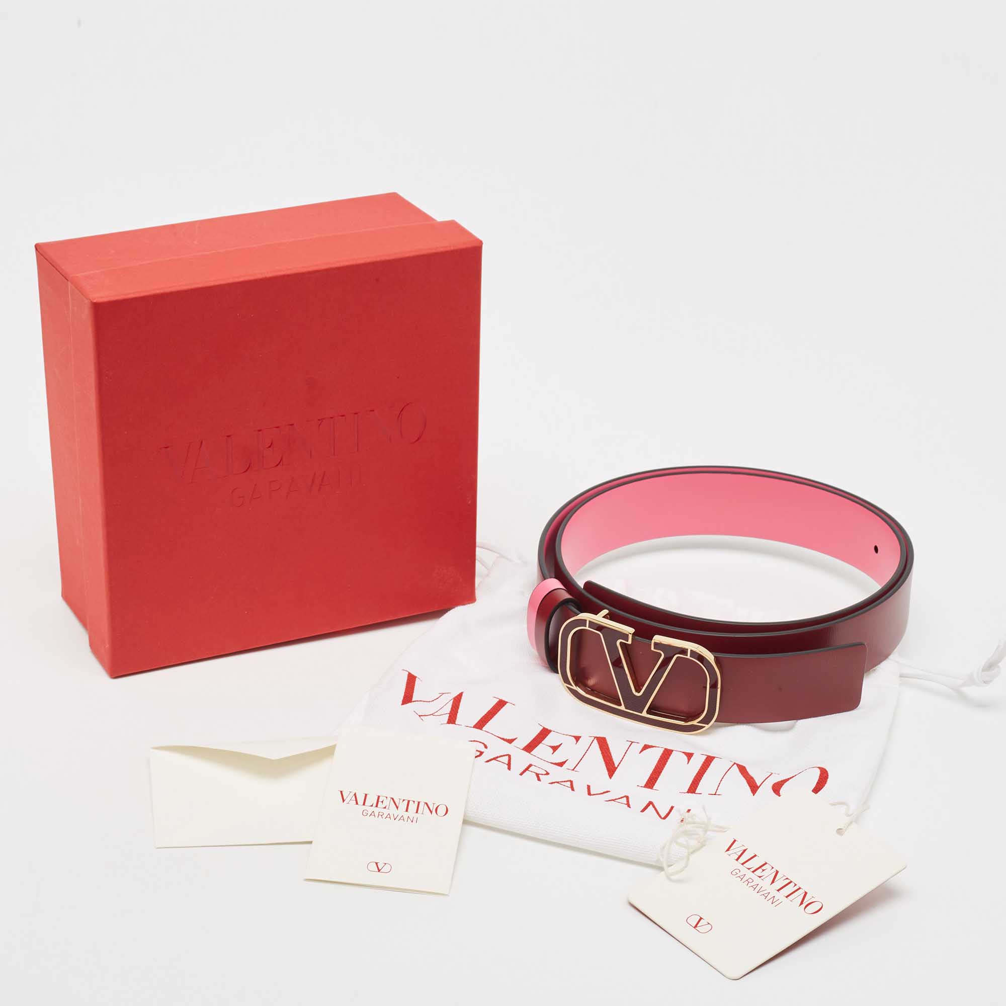 Valentino Pink/Burgundy Leather VLogo Reversible Slim Belt 80CM