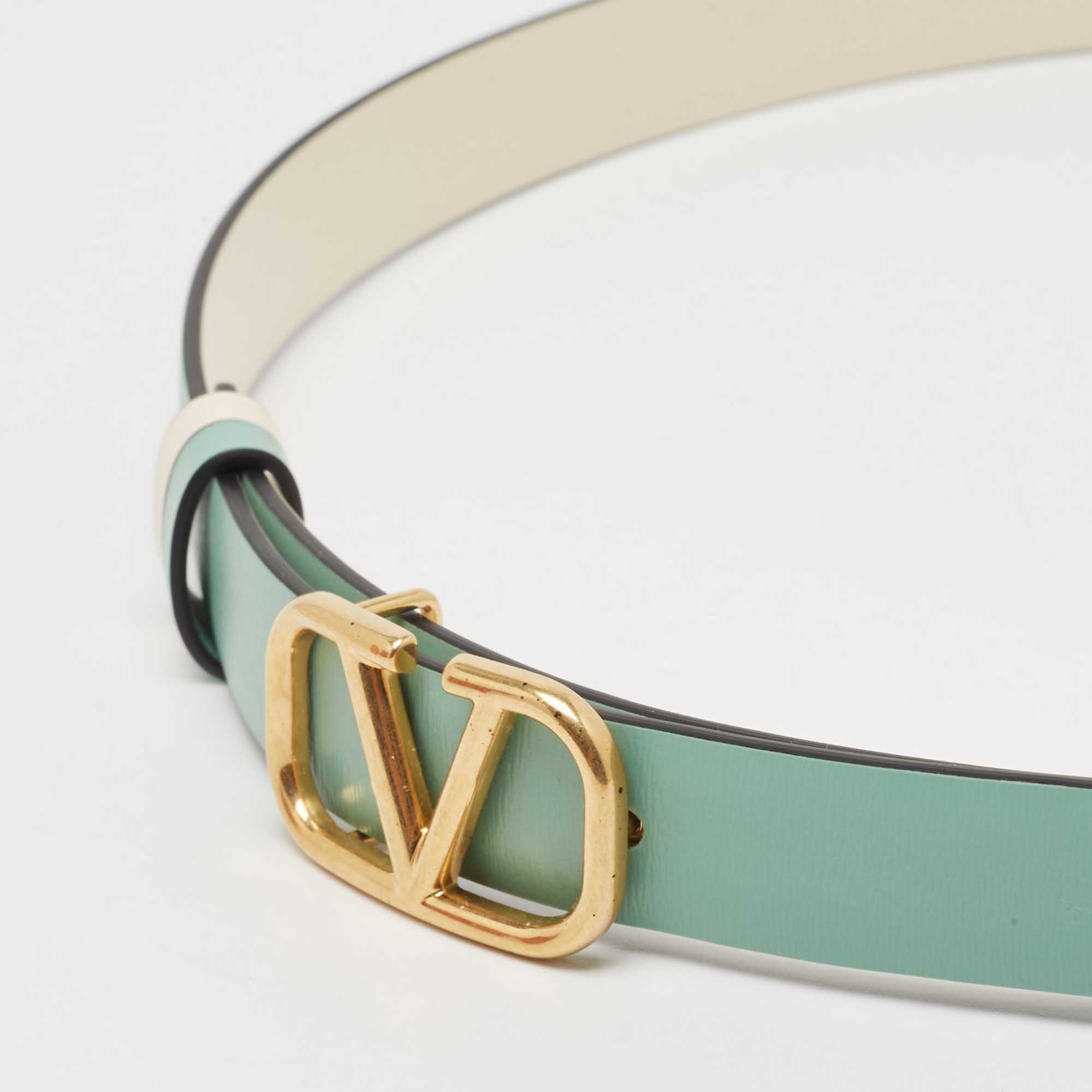Valentino Mint Green/Cream Leather VLogo Reversible Slim Belt 75CM