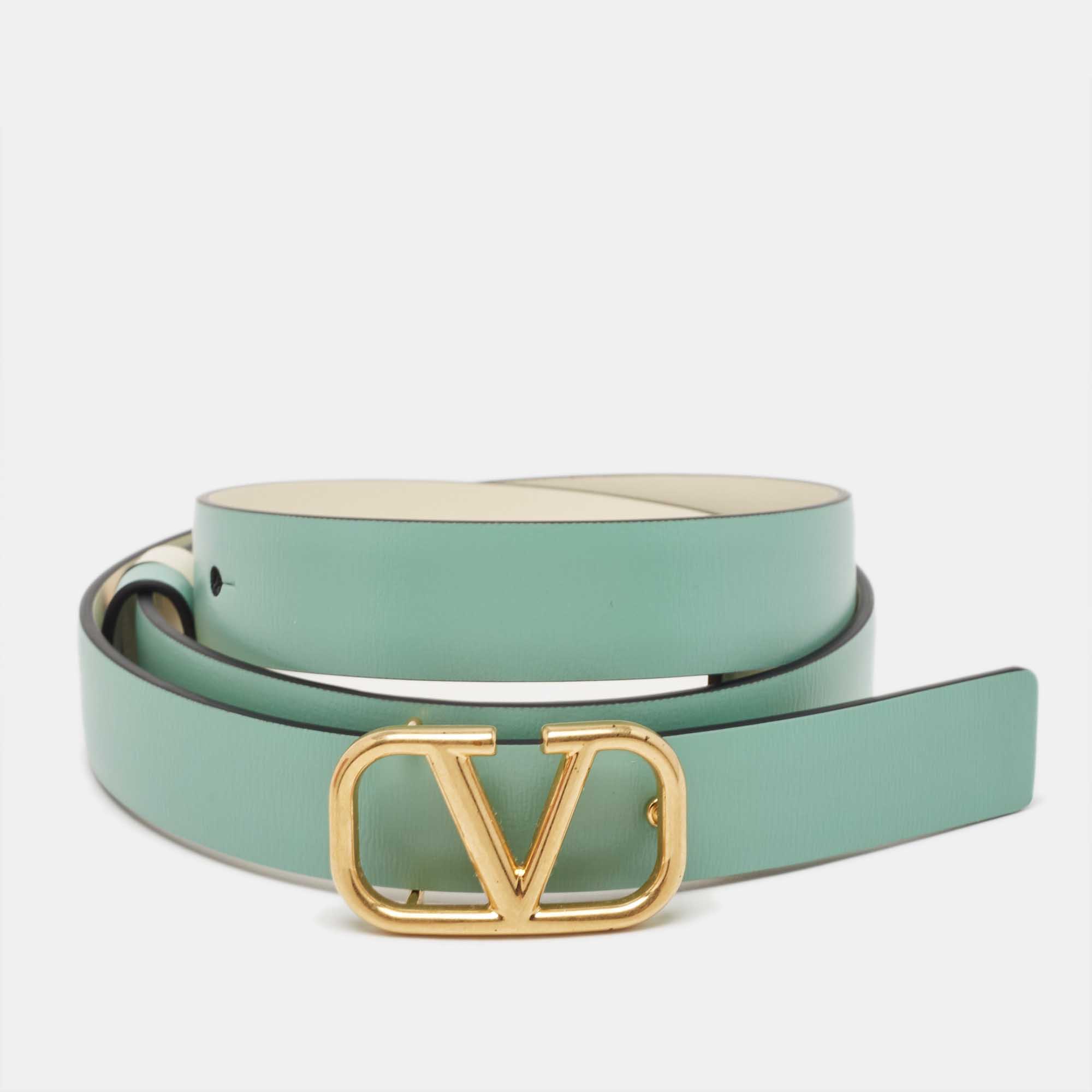 Valentino Mint Green/Cream Leather VLogo Reversible Slim Belt 75CM
