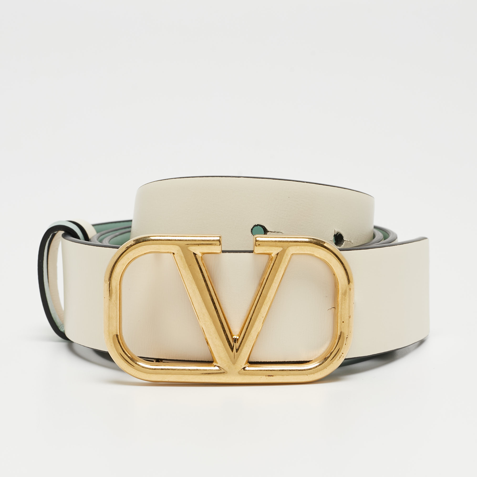 Valentino Mint Green/Cream Leather VLogo Reversible Belt 80 CM