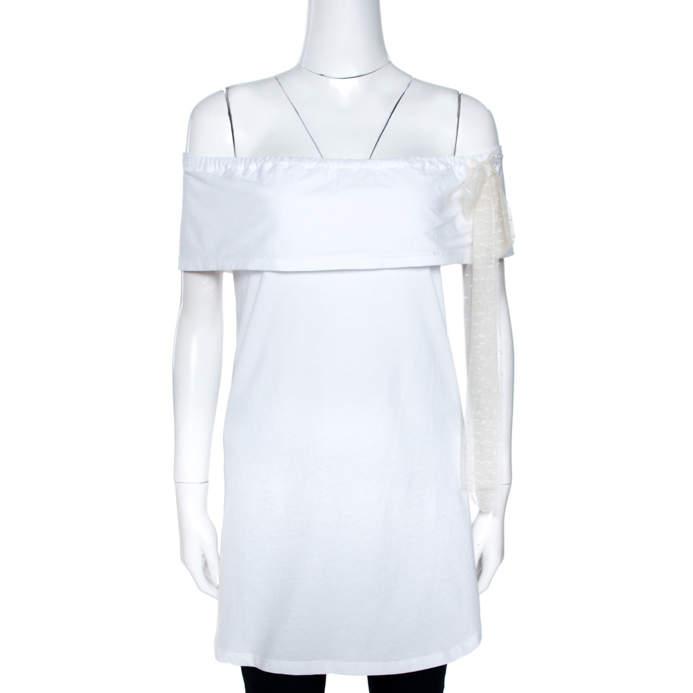 Image of Red Valentino White Cotton Jersey Ruffled Off Shoulder Blouse XL