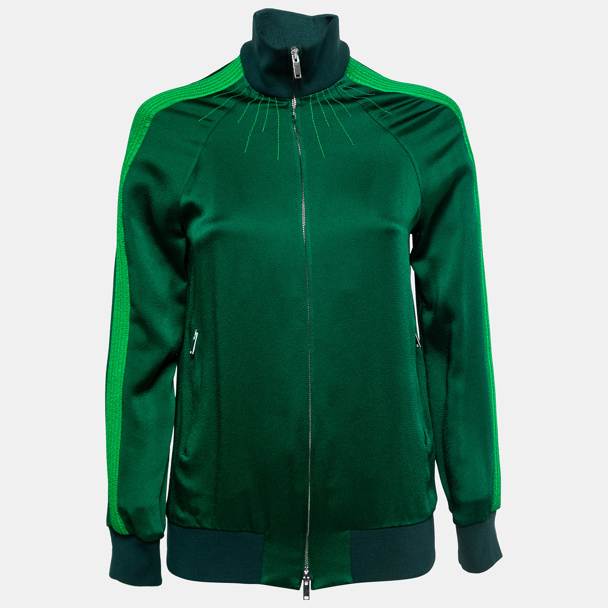 Valentino Green Crepe Pleated Stripe Detail Zip-Up Track Jacket S