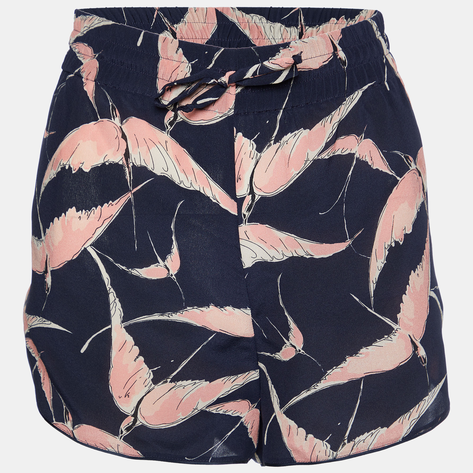 Valentino navy blue bird printed silk elasticized shorts l