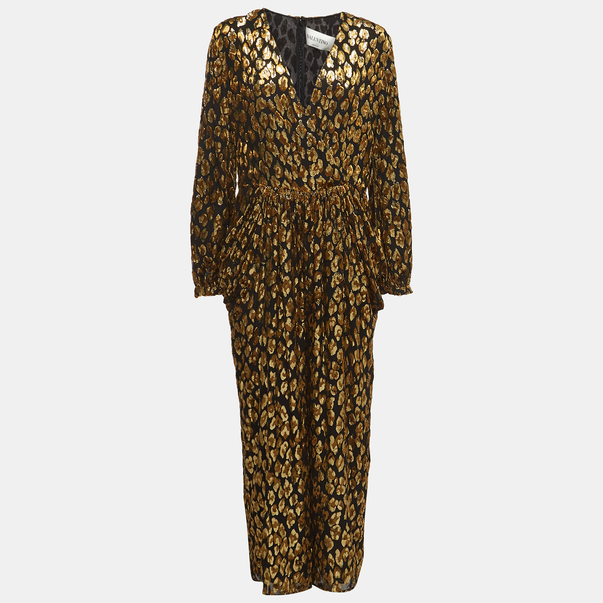 Valentino black and gold leopard patterned silk blend v neck jumpsuit m