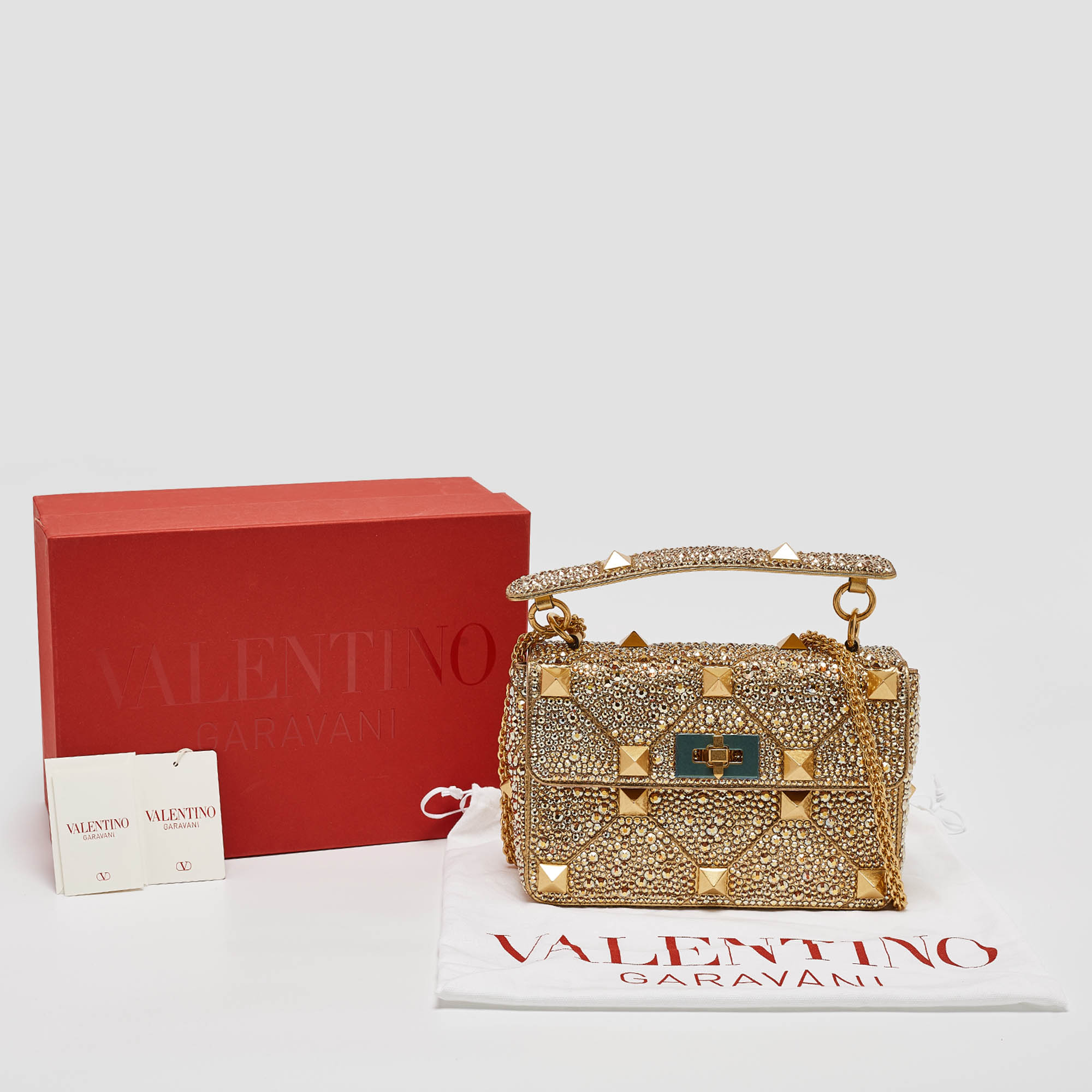 Valentino Gold Crystal Studded Medium Roman Stud Top Handle Bag