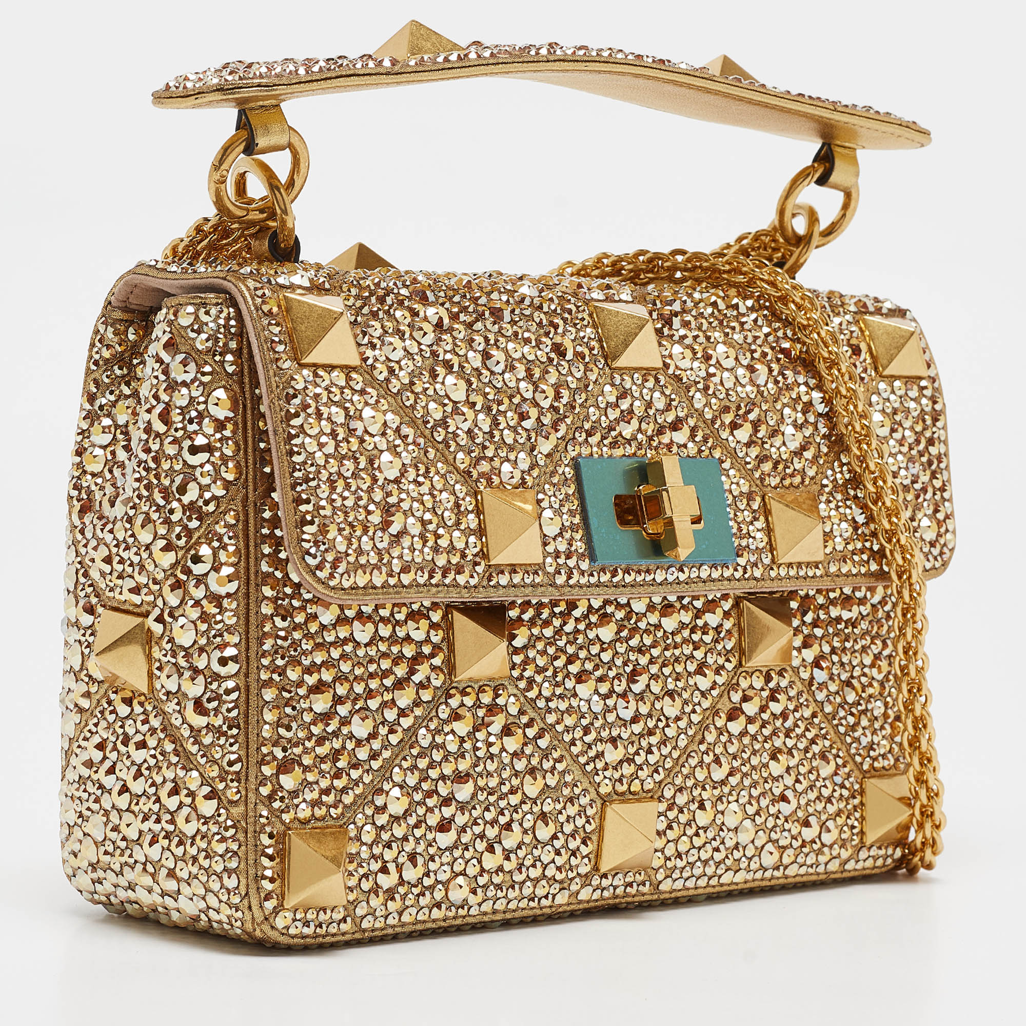 Valentino Gold Crystal Studded Medium Roman Stud Top Handle Bag