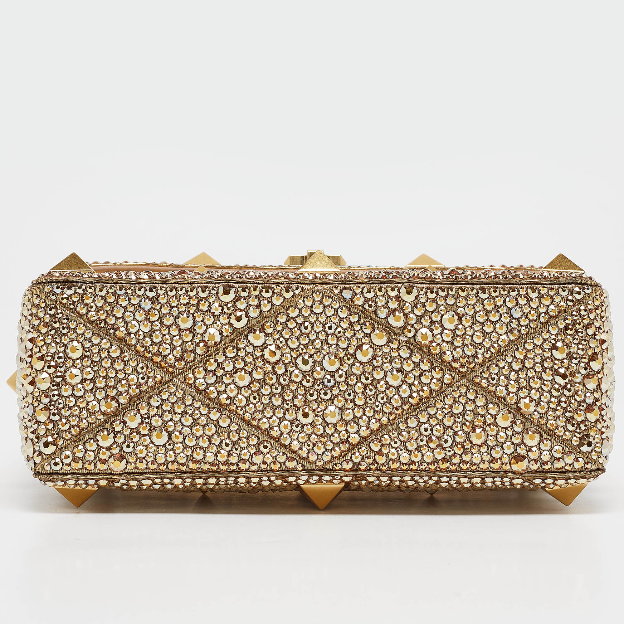 Valentino Gold Crystal Studded Medium Roman Stud Top Handle Bag