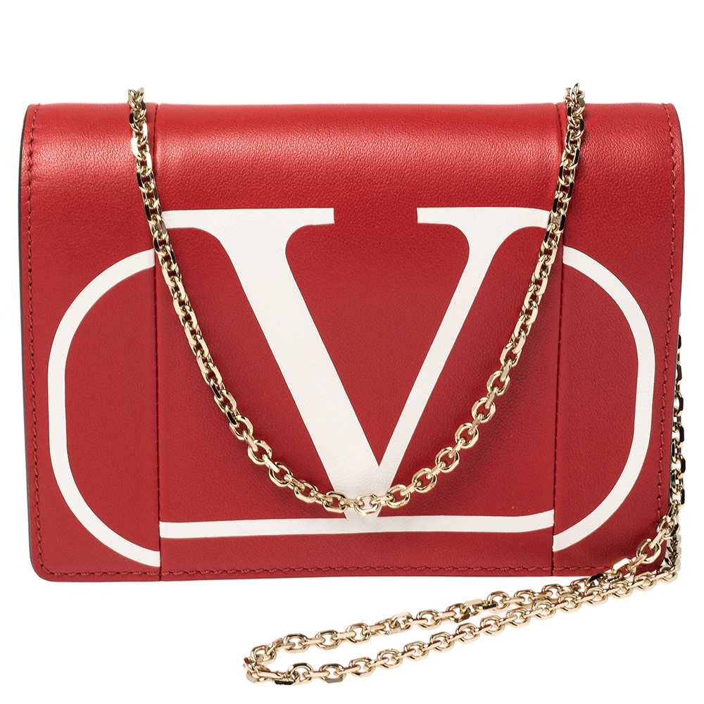 Image of Valentino Red Leather VLOGO Inlay Chain Pouch Bag