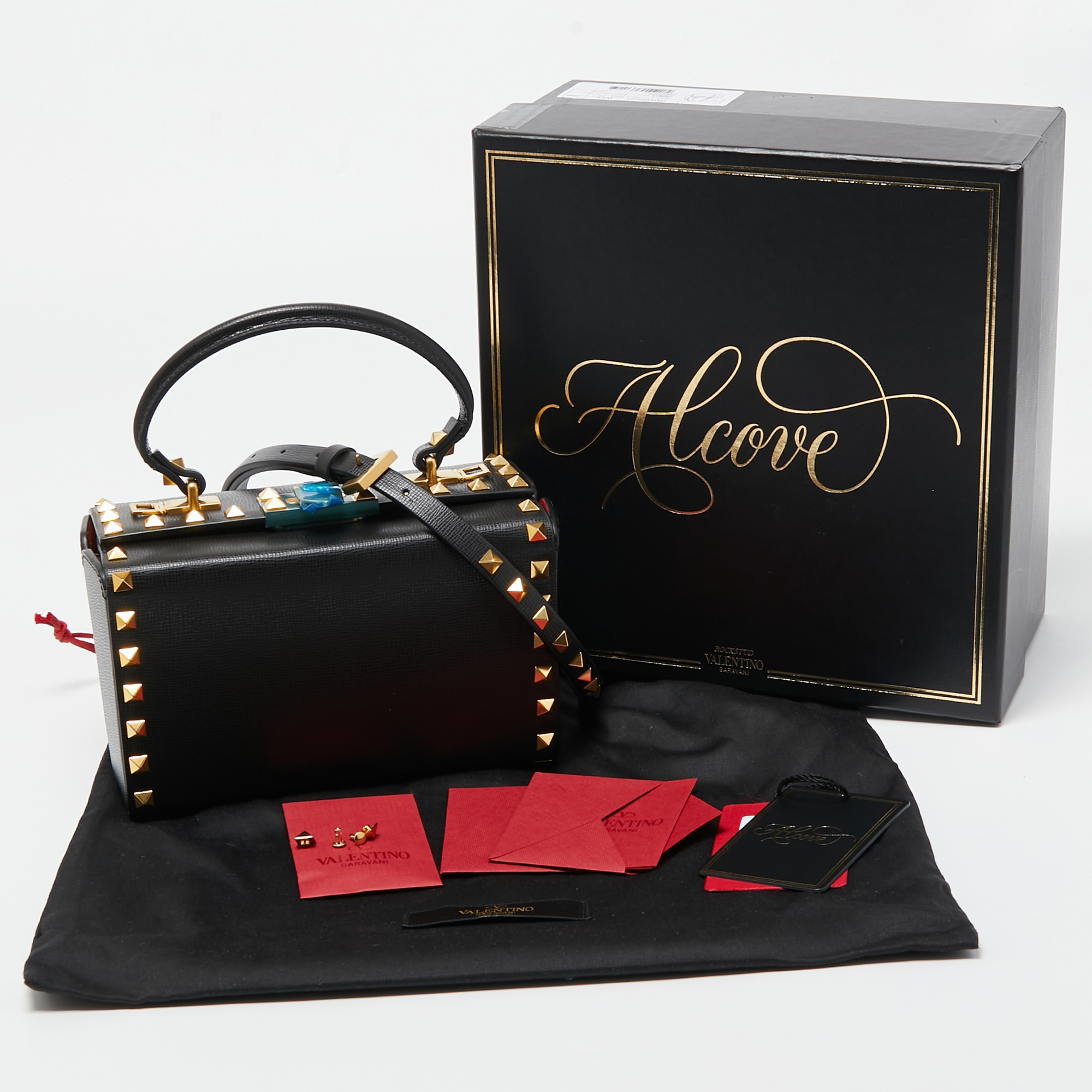 Valentino Black Leather Rockstud Alcove Box Top Handle Bag