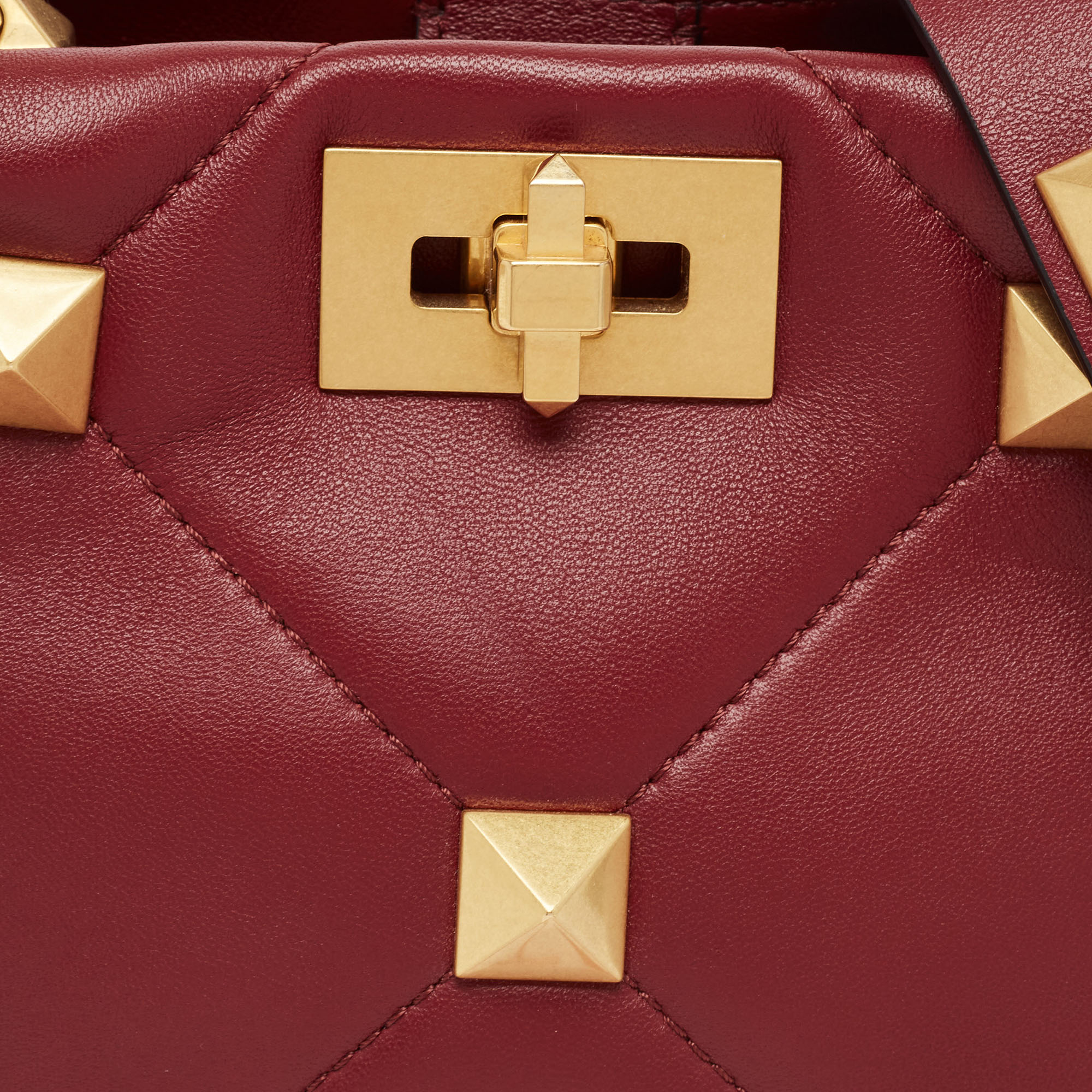 Valentino Burgundy Quilted Leather Small Roman Stud Top Handle Bag