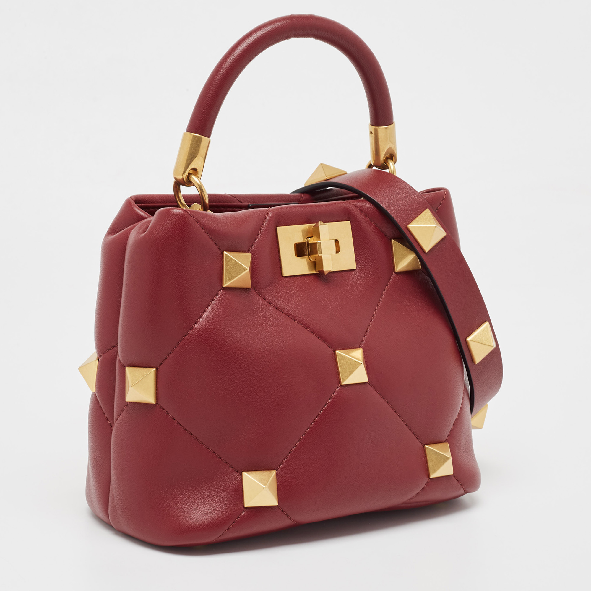 Valentino Burgundy Quilted Leather Small Roman Stud Top Handle Bag