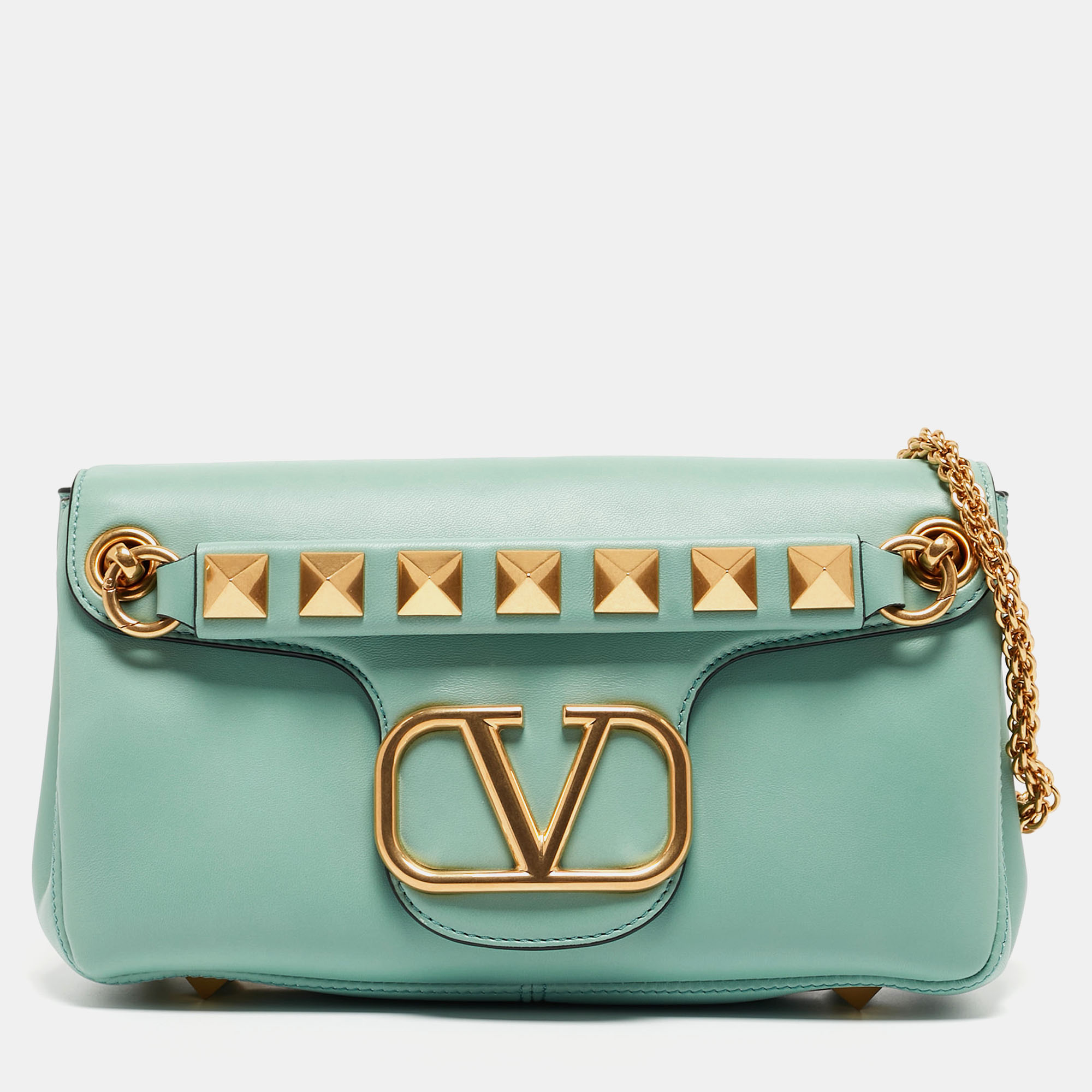 Valentino Mint Green Leather Stud Sign Shoulder Bag