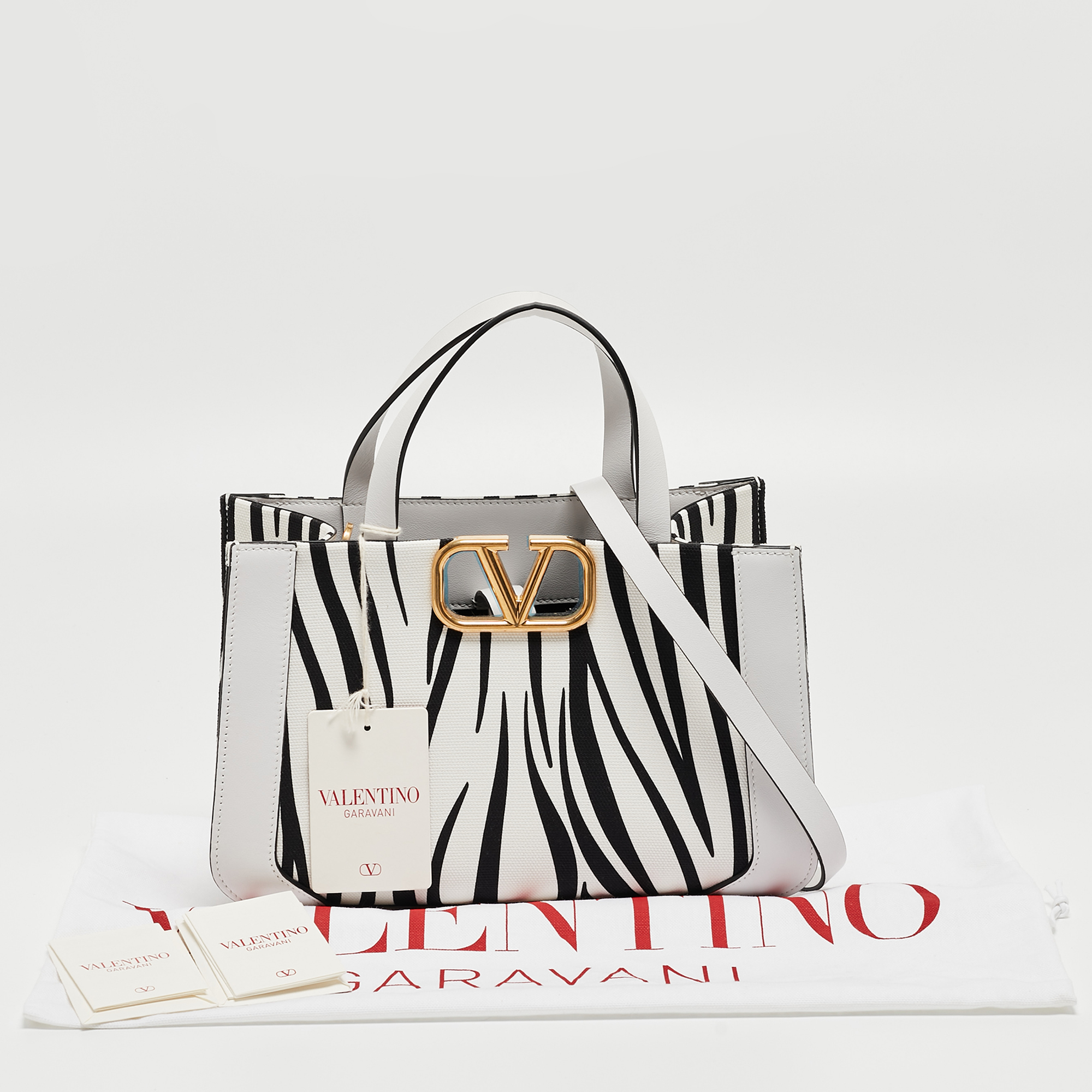 Valentino White/Black Zebra Print Canvas And Leather Small VLogo Tote