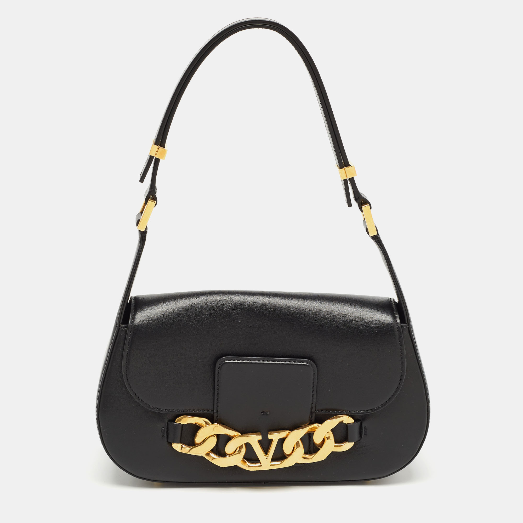 Valentino Black Leather Chain VLogo Shoulder Bag