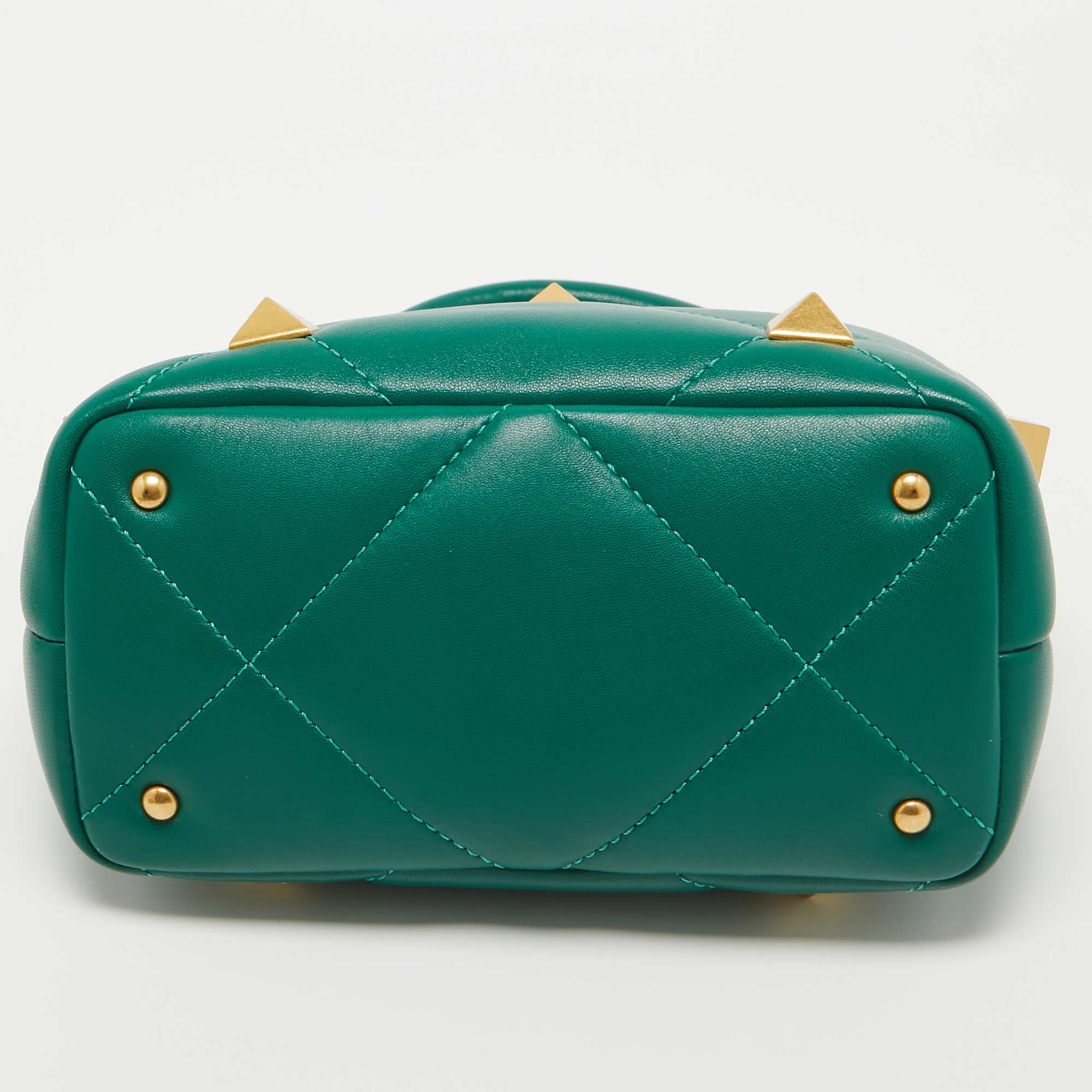 Valentino Green Quilted Leather Small Roman Stud Top Handle Bag