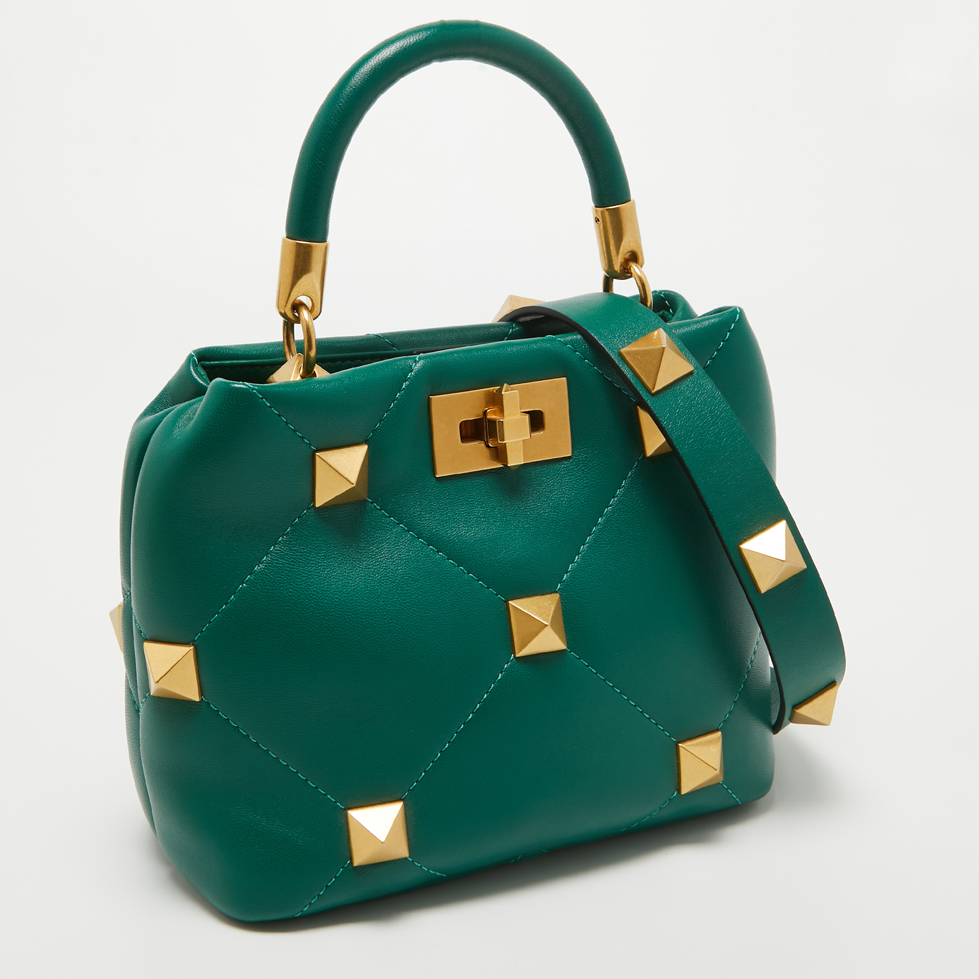 Valentino Green Quilted Leather Small Roman Stud Top Handle Bag