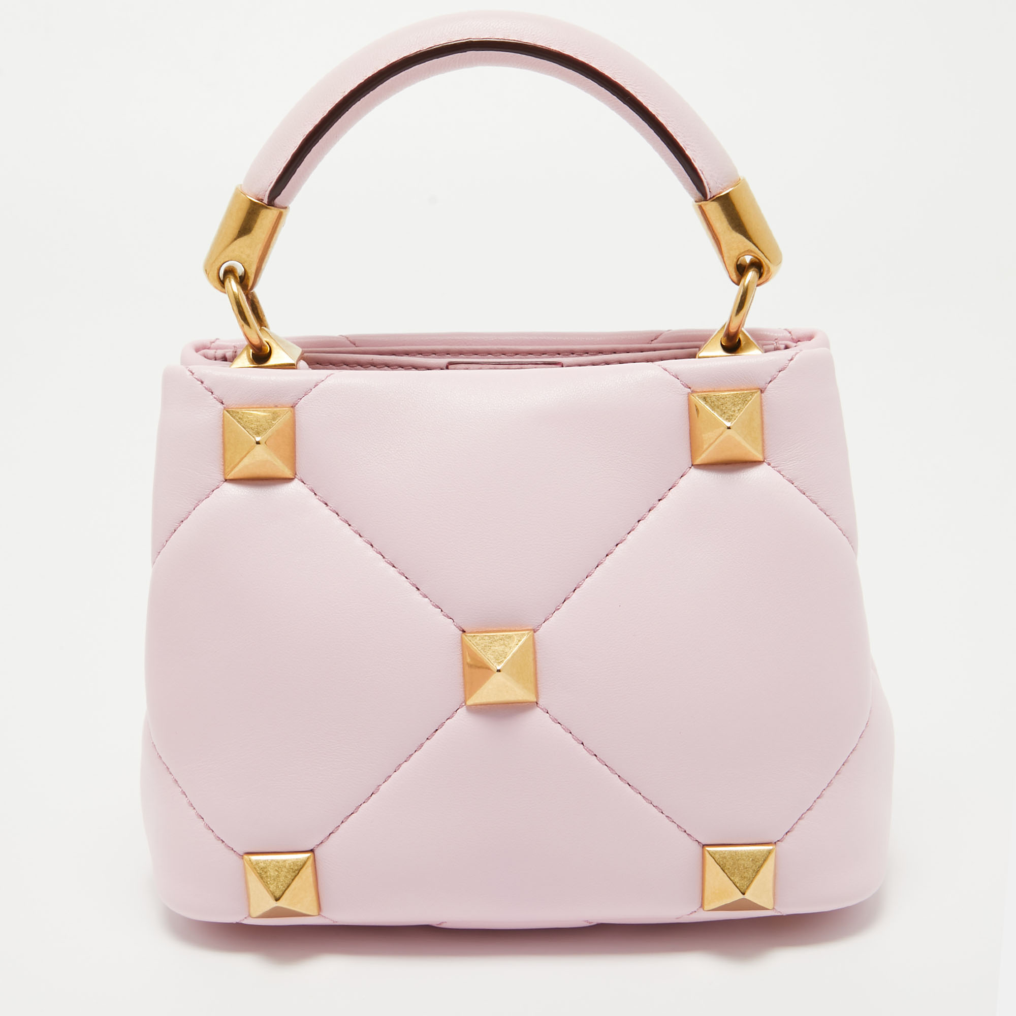 Valentino Pink Quilted Leather Mini Roman Stud Top Handle Bag