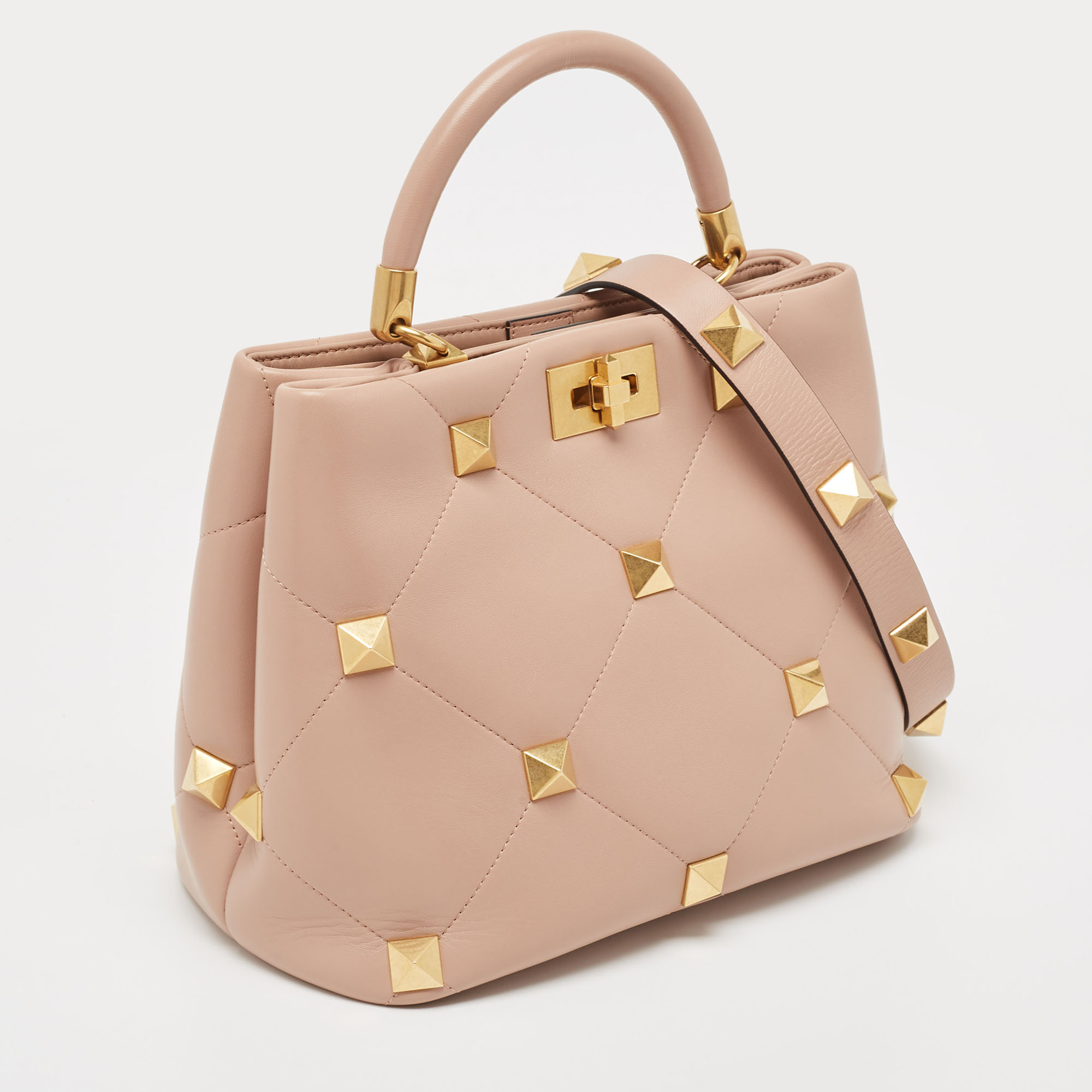 Valentino Rose Cannelle Leather Medium Roman Stud Top Handle Bag