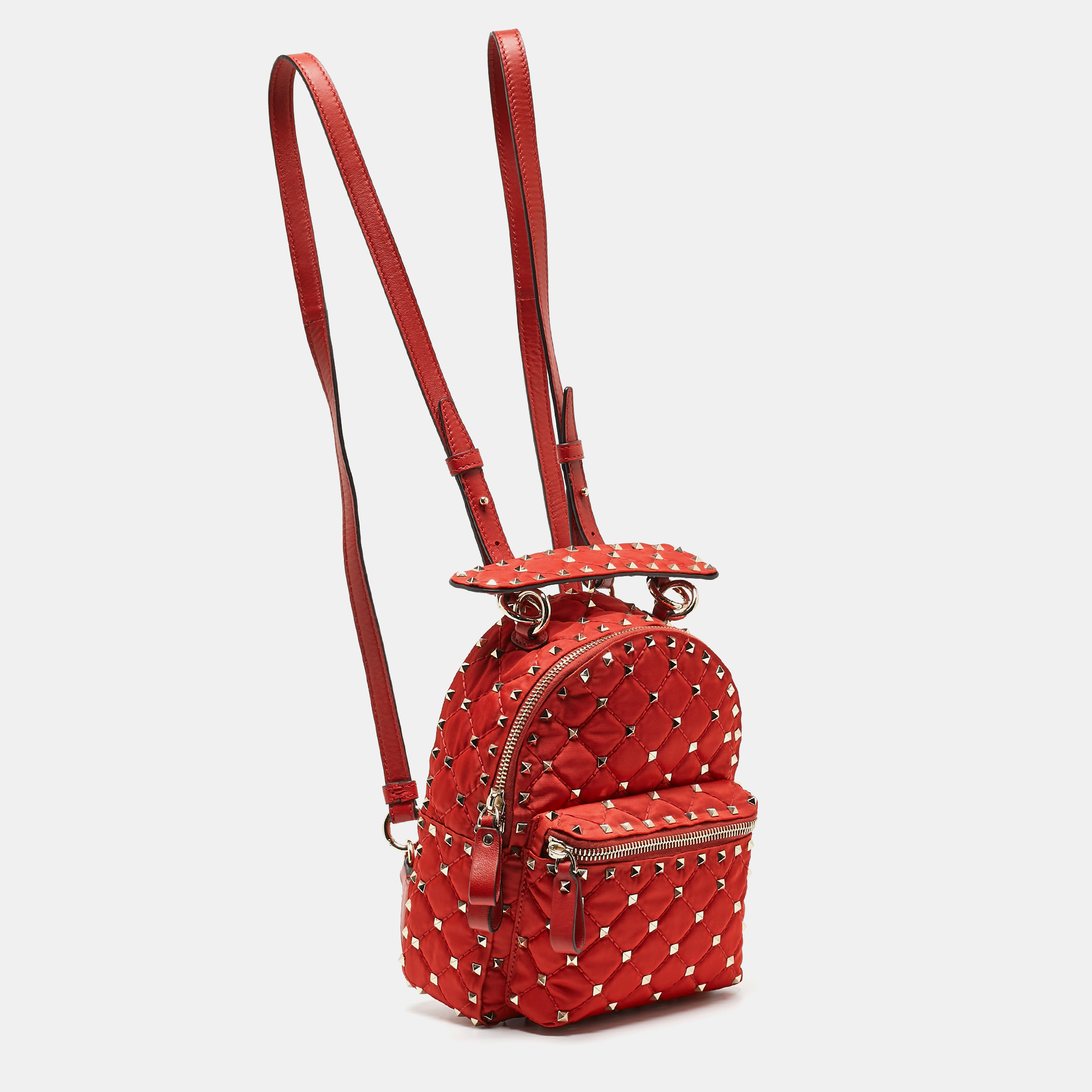 Valentino Red Quilted Nylon And Leather Mini Rockstud Spike Backpack