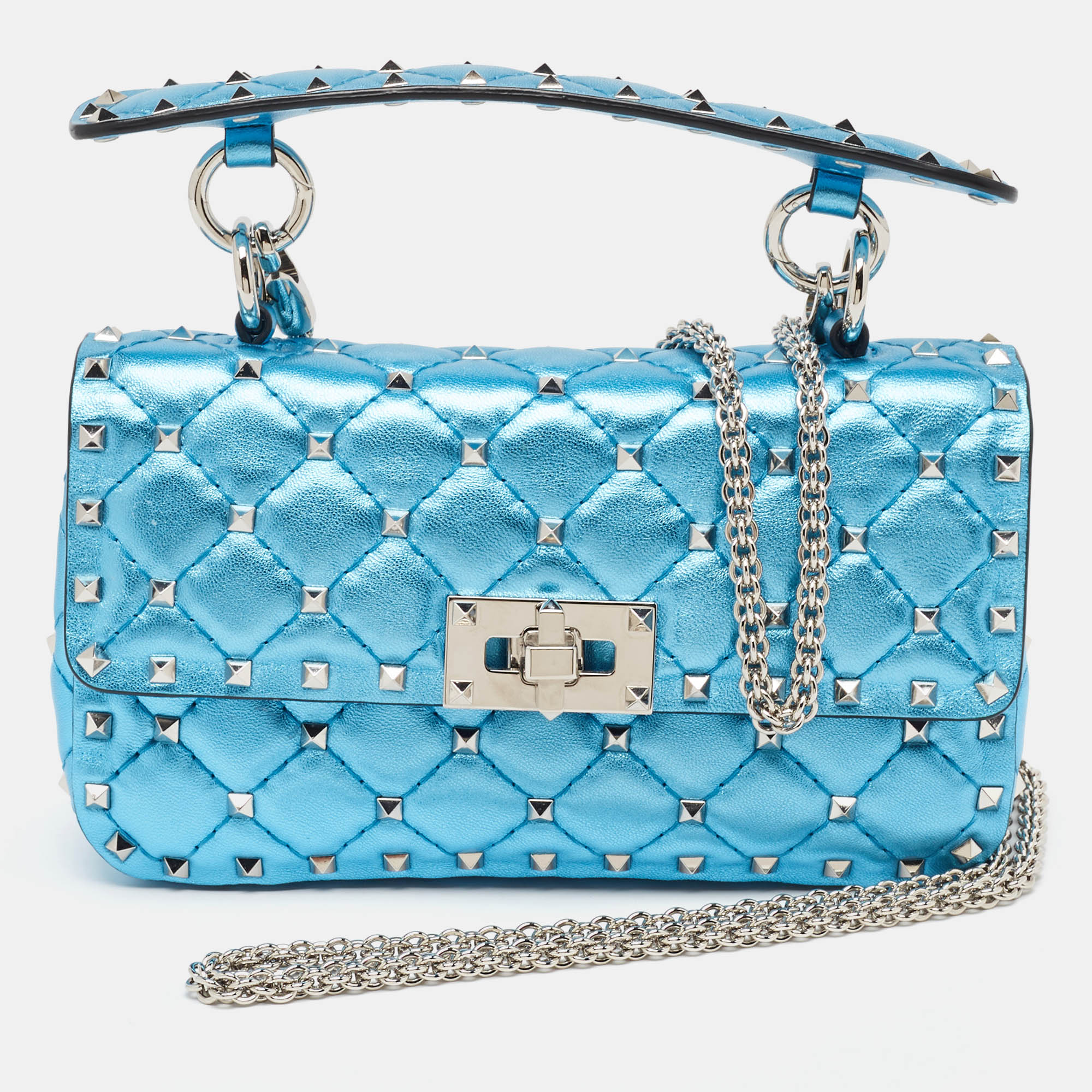 Valentino metallic blue quilted leather small rockstud spike top handle bag