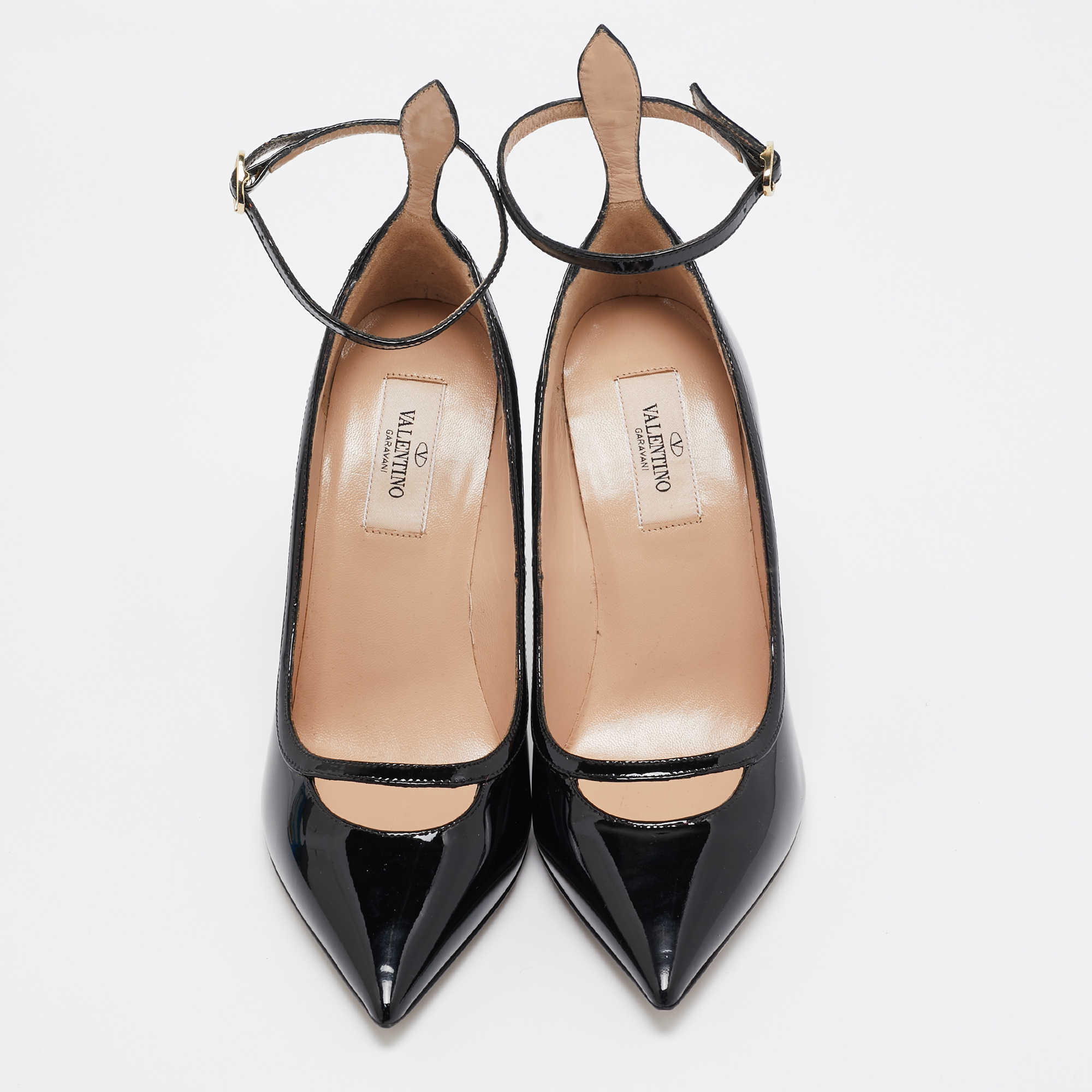 Valentino Black Patent Leather Ankle Cuff Pointed Toe Pumps Size 37.5