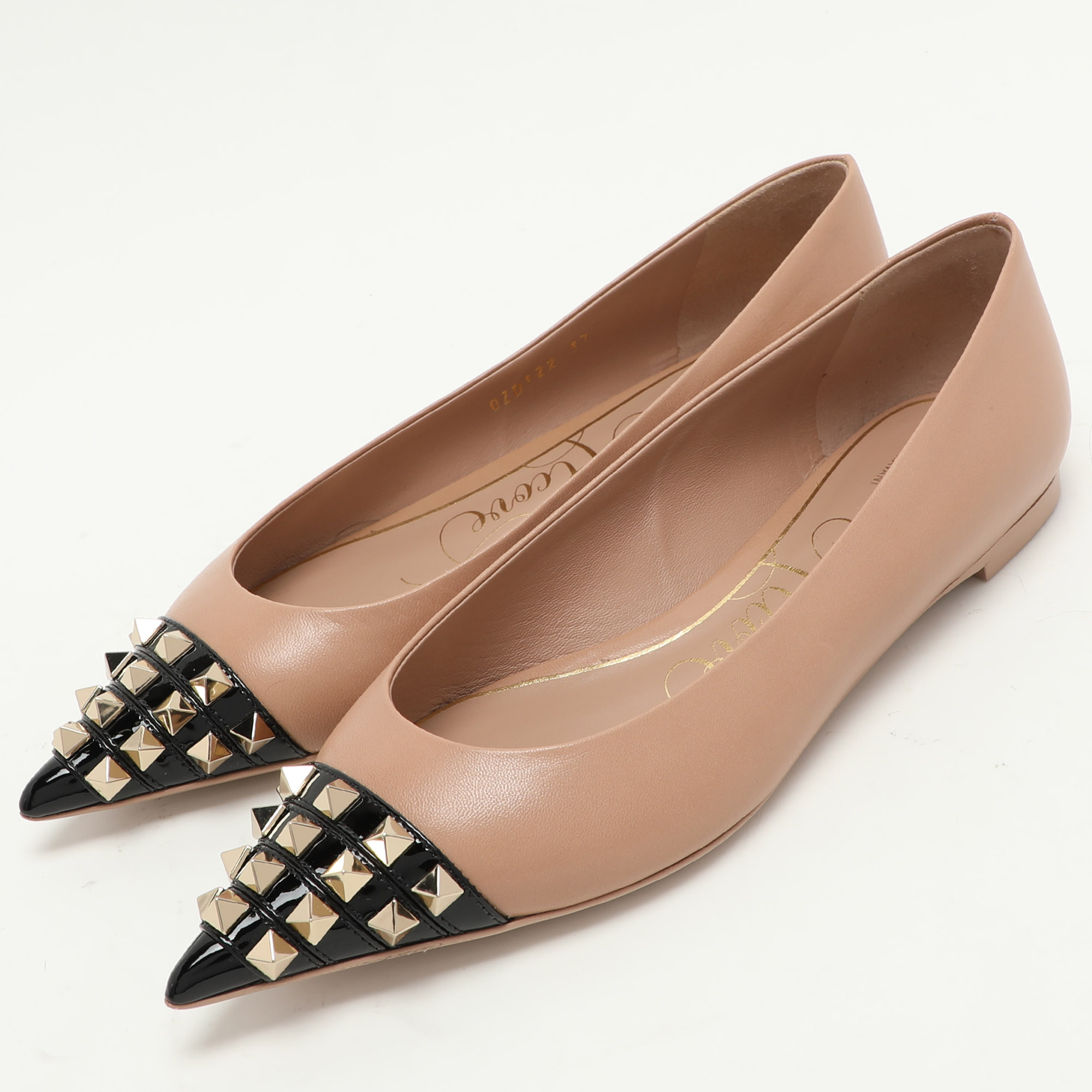 Valentino X Alcove Beige Leather Rockstud Cap Toe Ballet Flats Size 37