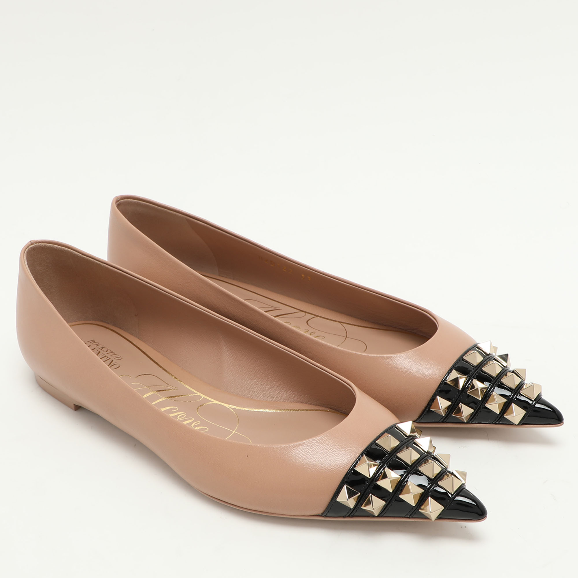 Valentino X Alcove Beige Leather Rockstud Cap Toe Ballet Flats Size 37