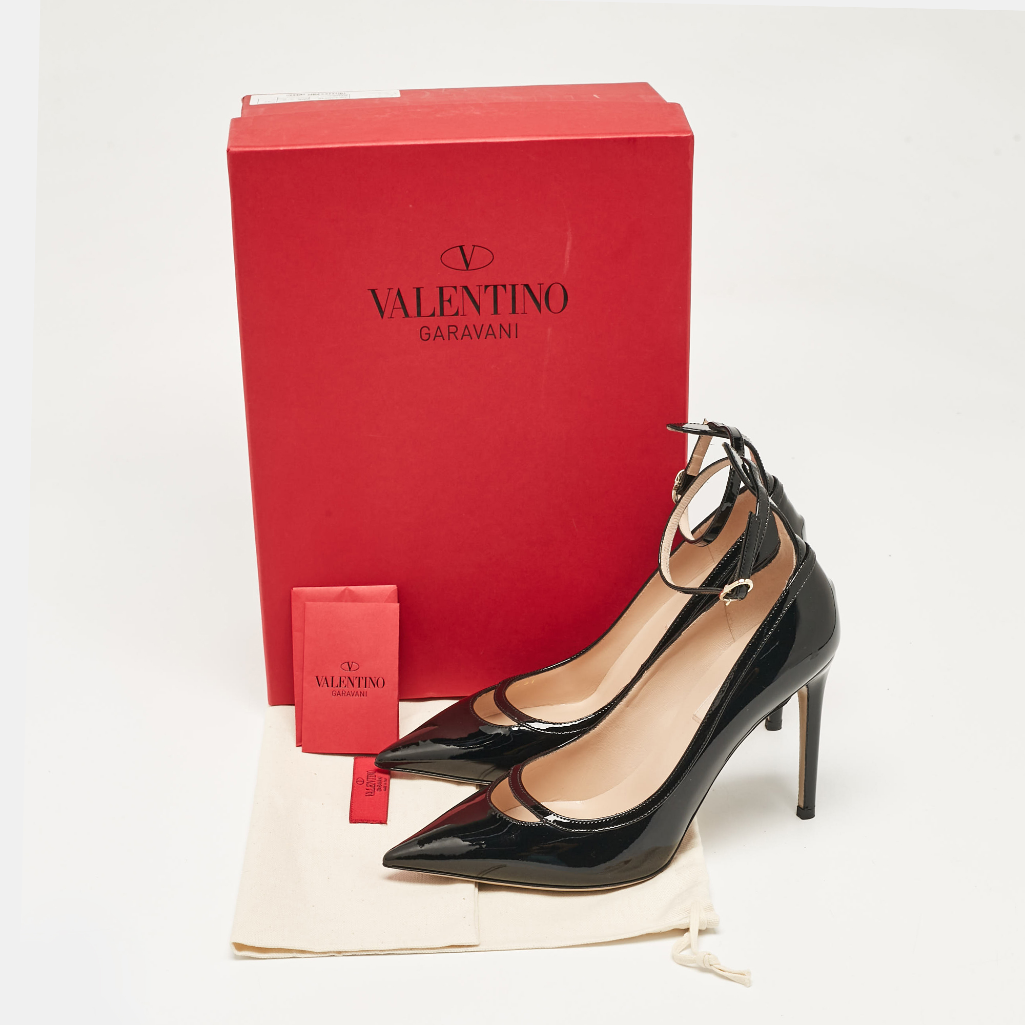 Valentino Black Patent Leather Pointed Toe Ankle Strap Pumps Size 37