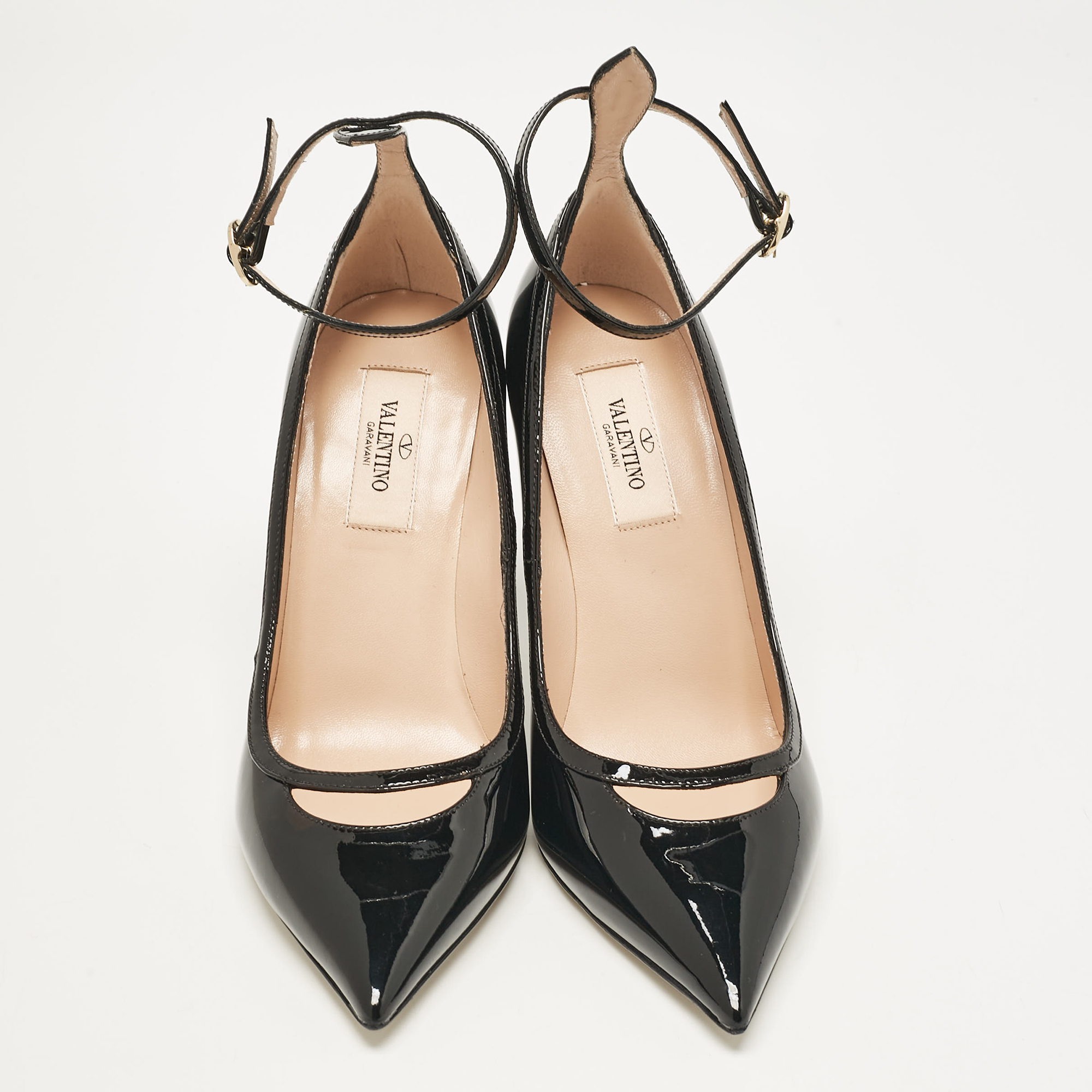 Valentino Black Patent Leather Pointed Toe Ankle Strap Pumps Size 37