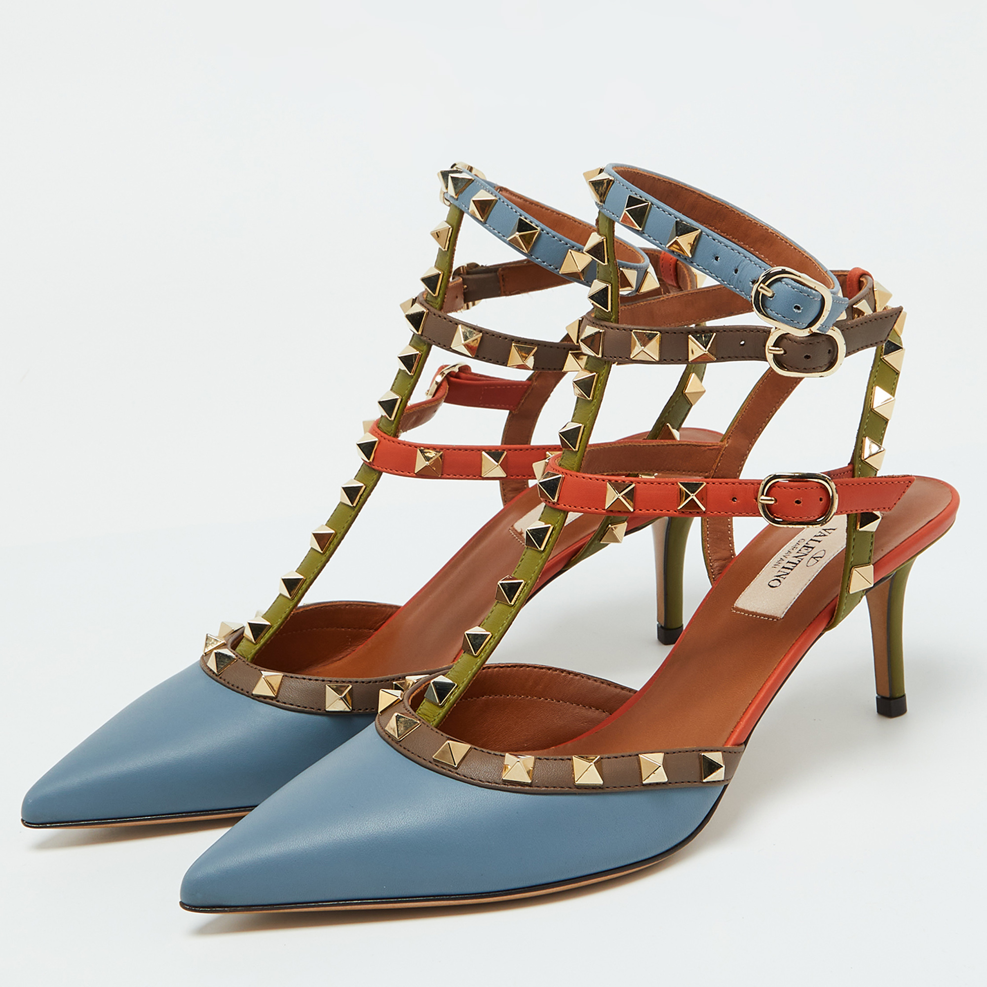 Valentino Multicolor Leather Rockstud Ankle Strap Pumps Size 39