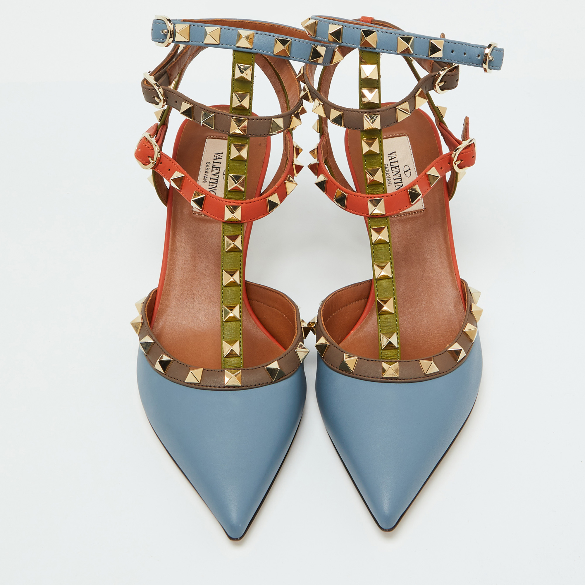 Valentino Multicolor Leather Rockstud Ankle Strap Pumps Size 39