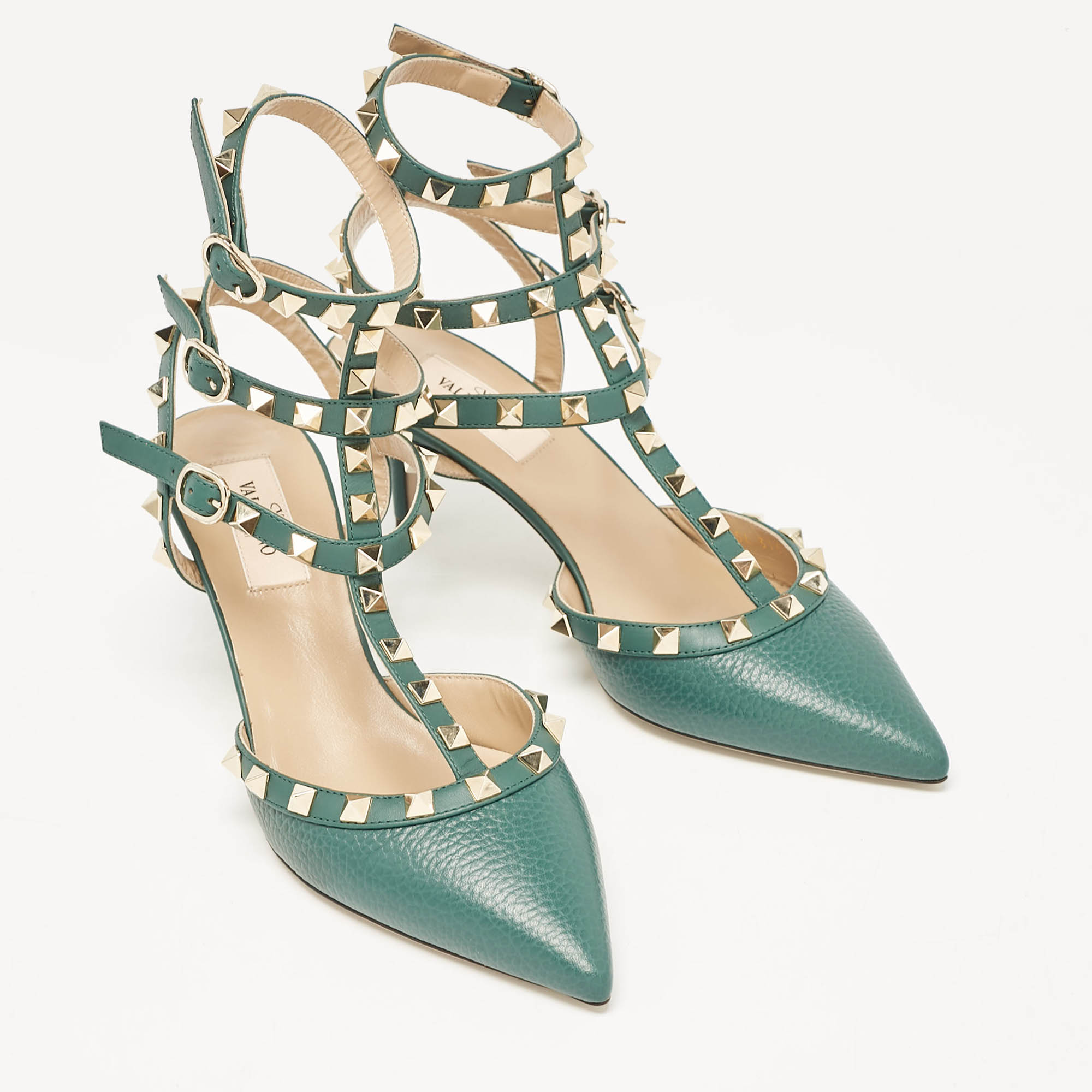 Valentino Green Leather Rockstud Caged Pumps Size 37.5