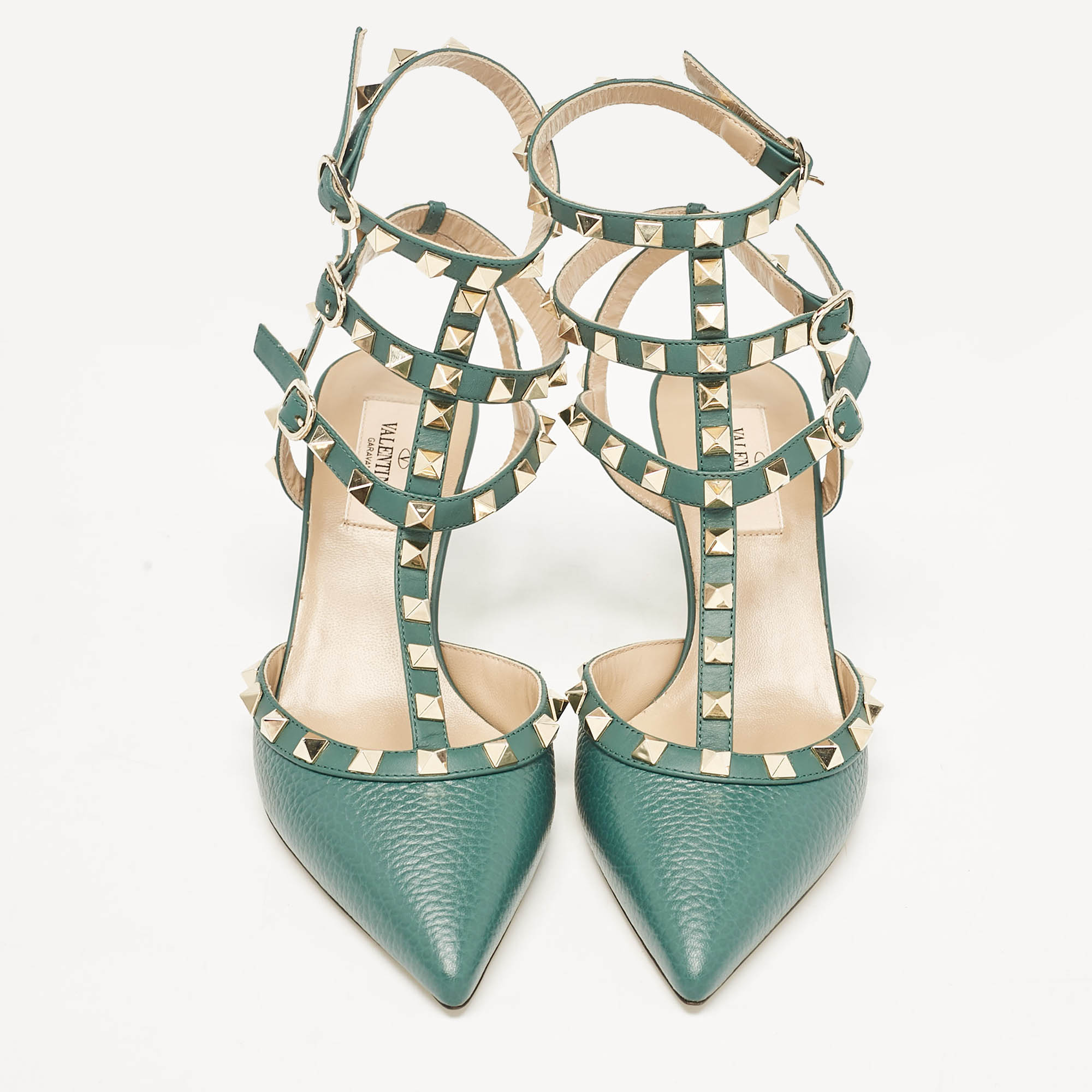 Valentino Green Leather Rockstud Caged Pumps Size 37.5