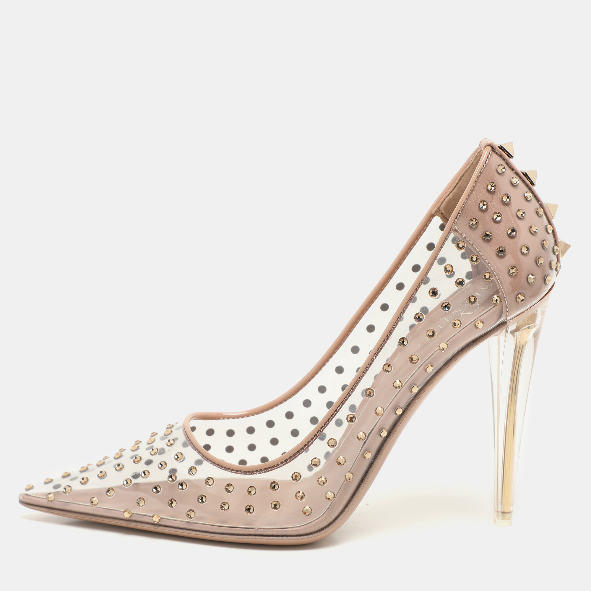Valentino Transparent/Beige Patent Leather and PVC Crystal Embellished Rockstud Pumps Size 36.5
Valentino Transparent/Beige Patent Leather and PVC Crystal Embellished Rockstud Pumps Size 36.5