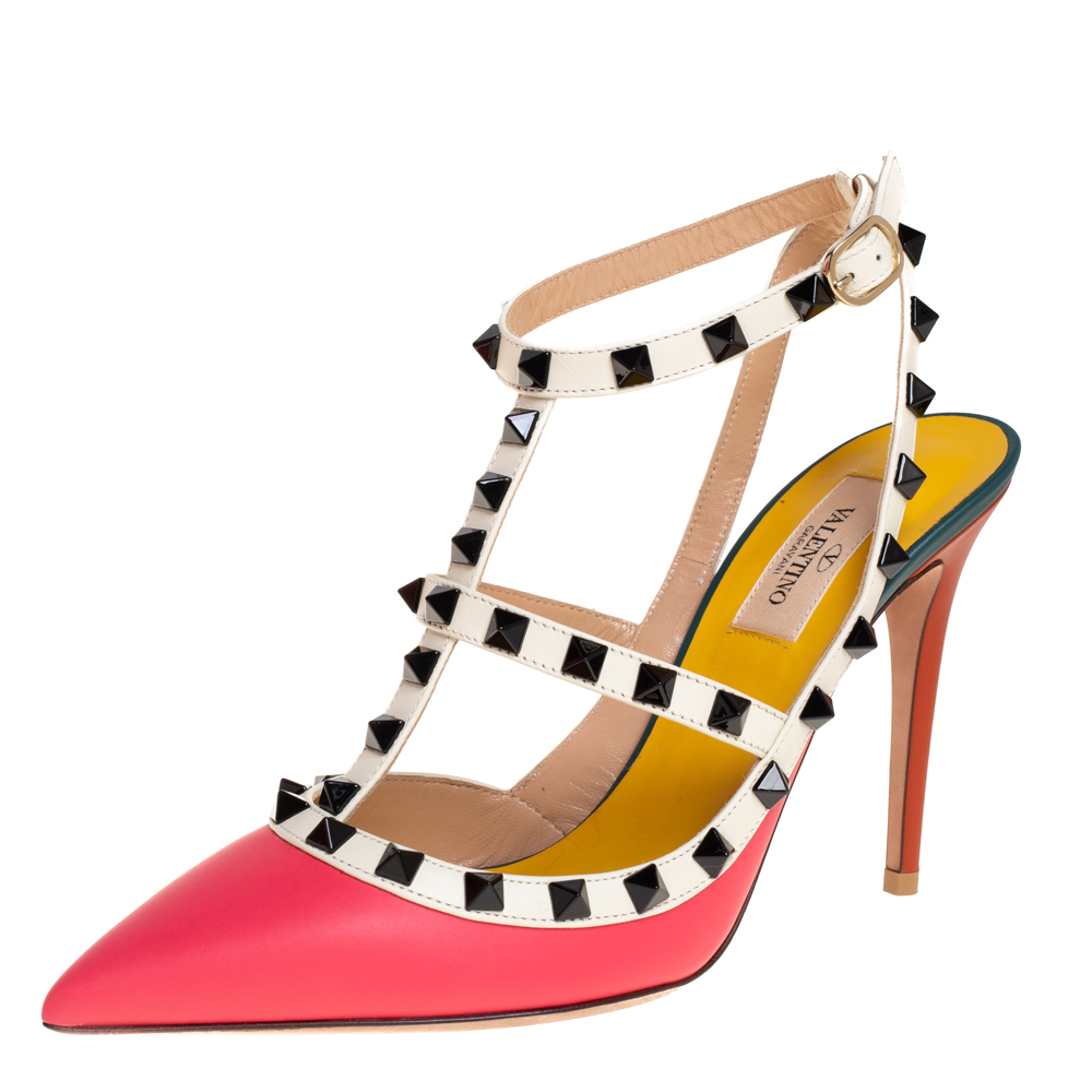 Valentino Multicolor Leather Black Rockstud Pointed Toe Ankle Strap Sandals Size 38