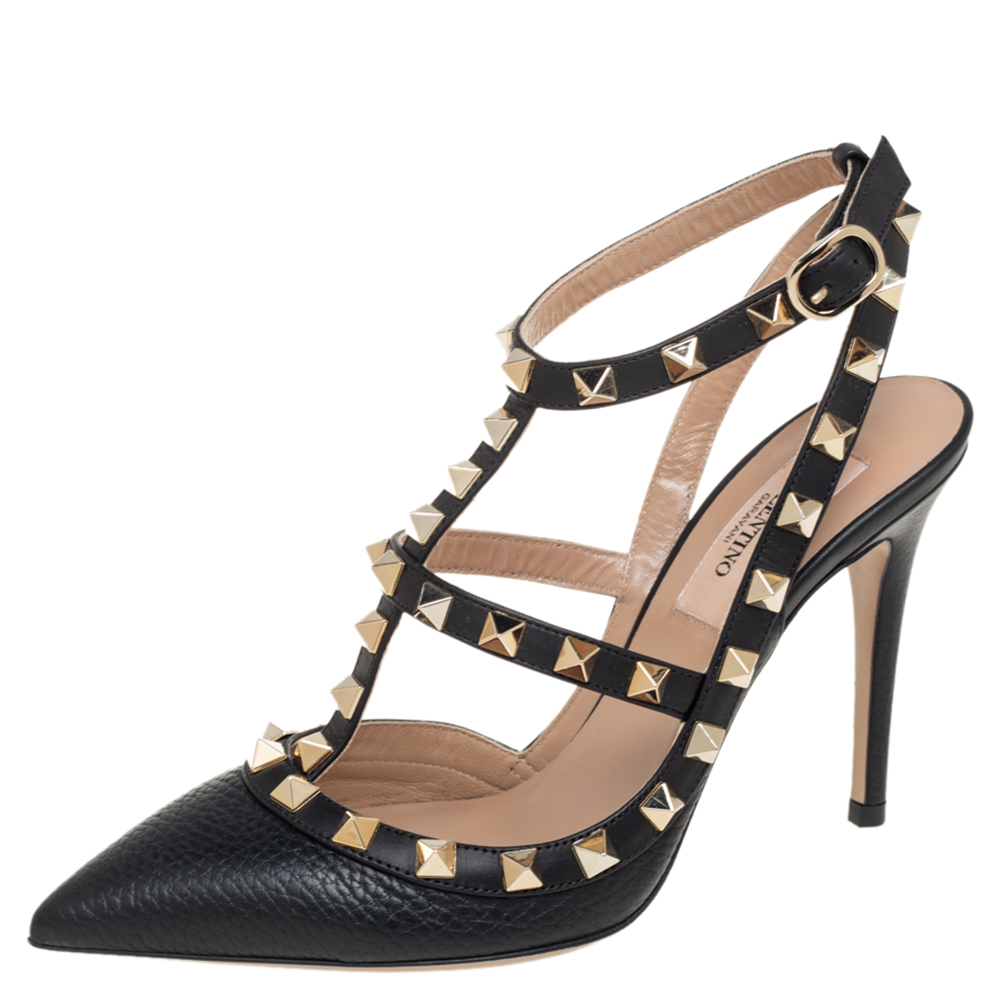 Valentino Black Leather Rockstud Pointed Toe Ankle Strap Sandals Size 35