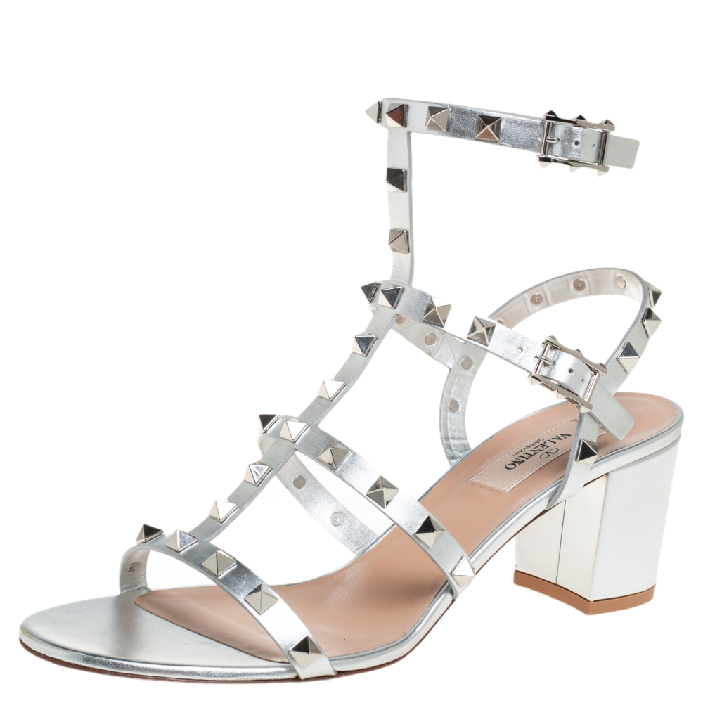 Valentino Silver Leather Rockstud Block Heel Cage Sandals Size 39