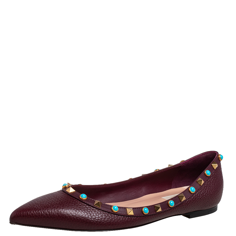 Valentino Burgundy Leather Rolling Rockstud Pointed Toe Ballet Flats Size 39.5