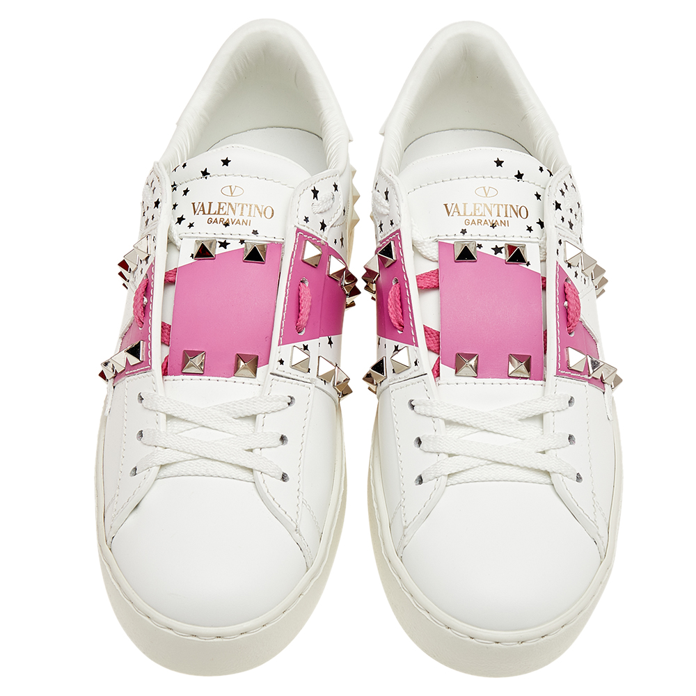 

Valentino White/Pink Leather Rockstud Untitled Low Top Sneakers Size